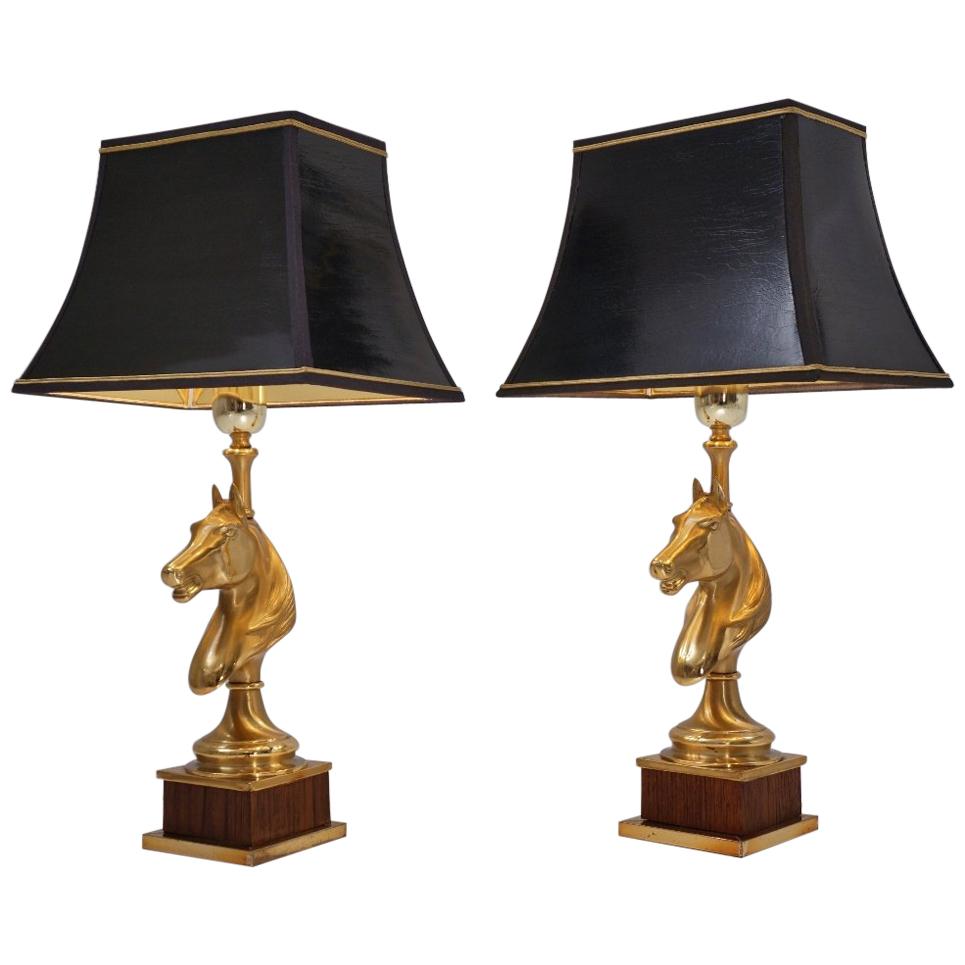 Maison Charles Horse Lamps Pair of Brass and Wood, circa 1970s, French For Sale