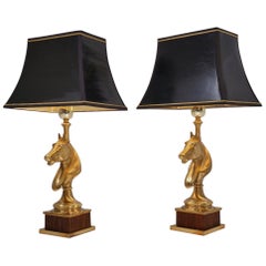 Retro Maison Charles Horse Lamps Pair of Brass and Wood, circa 1970s, French