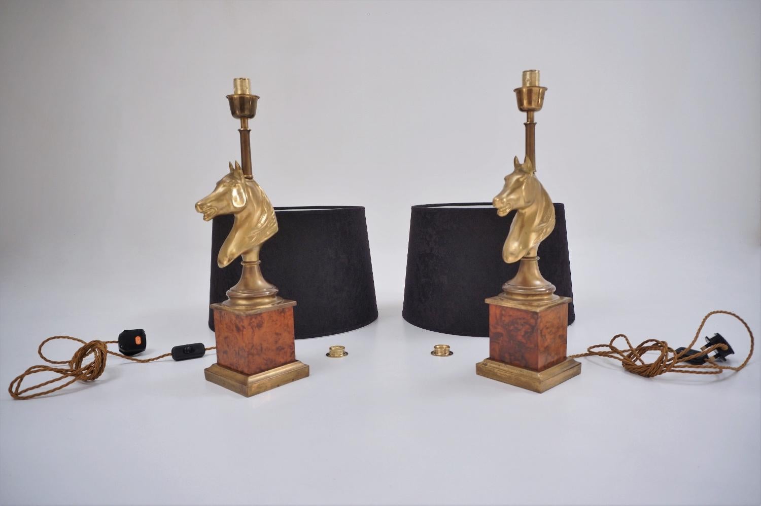 Maison Charles Horse Lamps Pair of Brass & Burl Walnut, circa 1970s, French 5