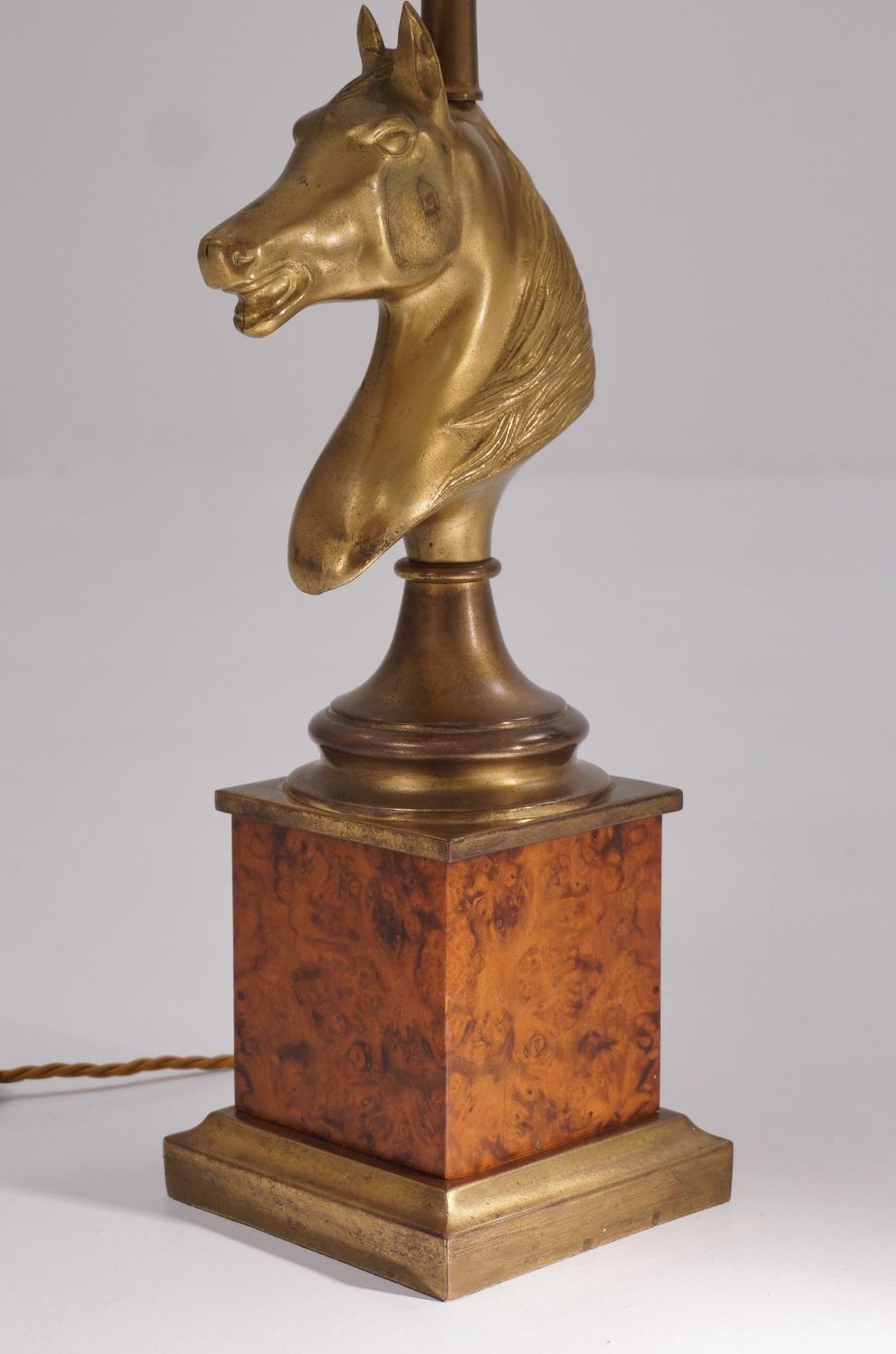 Hollywood Regency Maison Charles Horse Lamps Pair of Brass & Burl Walnut, circa 1970s, French