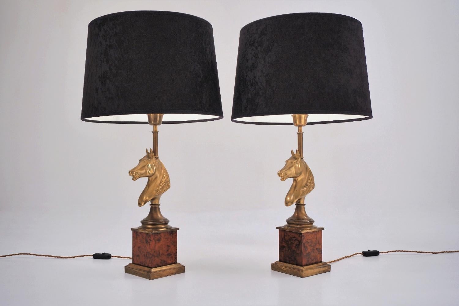 Maison Charles Horse Lamps Pair of Brass & Burl Walnut, circa 1970s, French 1