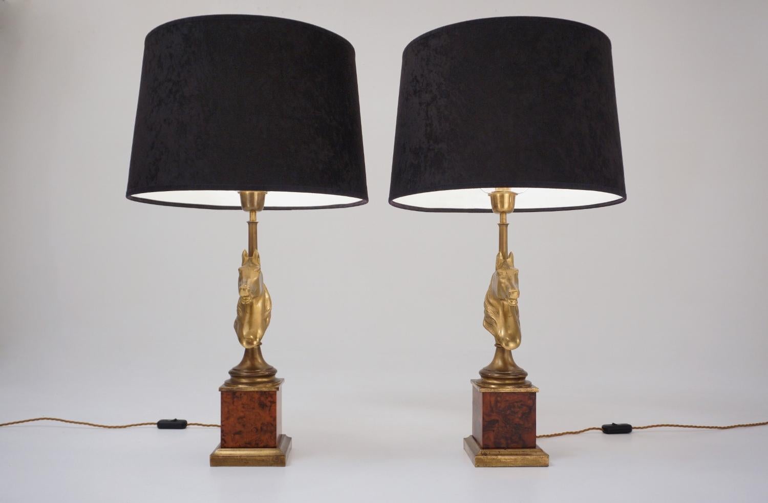 Maison Charles Horse Lamps Pair of Brass & Burl Walnut, circa 1970s, French 4