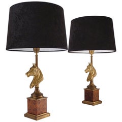 Vintage Maison Charles Horse Lamps Pair of Brass & Burl Walnut, circa 1970s, French