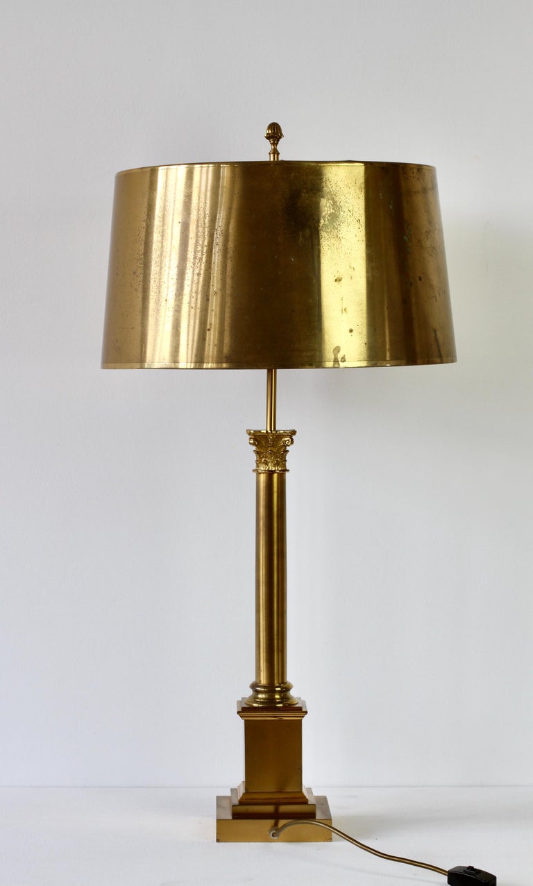 Maison Charles very large tall cast brass table lamp with original height adjustable brass metal shade. Opulent, ornate and decadent - everything you would expect from beautifully crafted French design. Wonderful mix of both polished and brushed