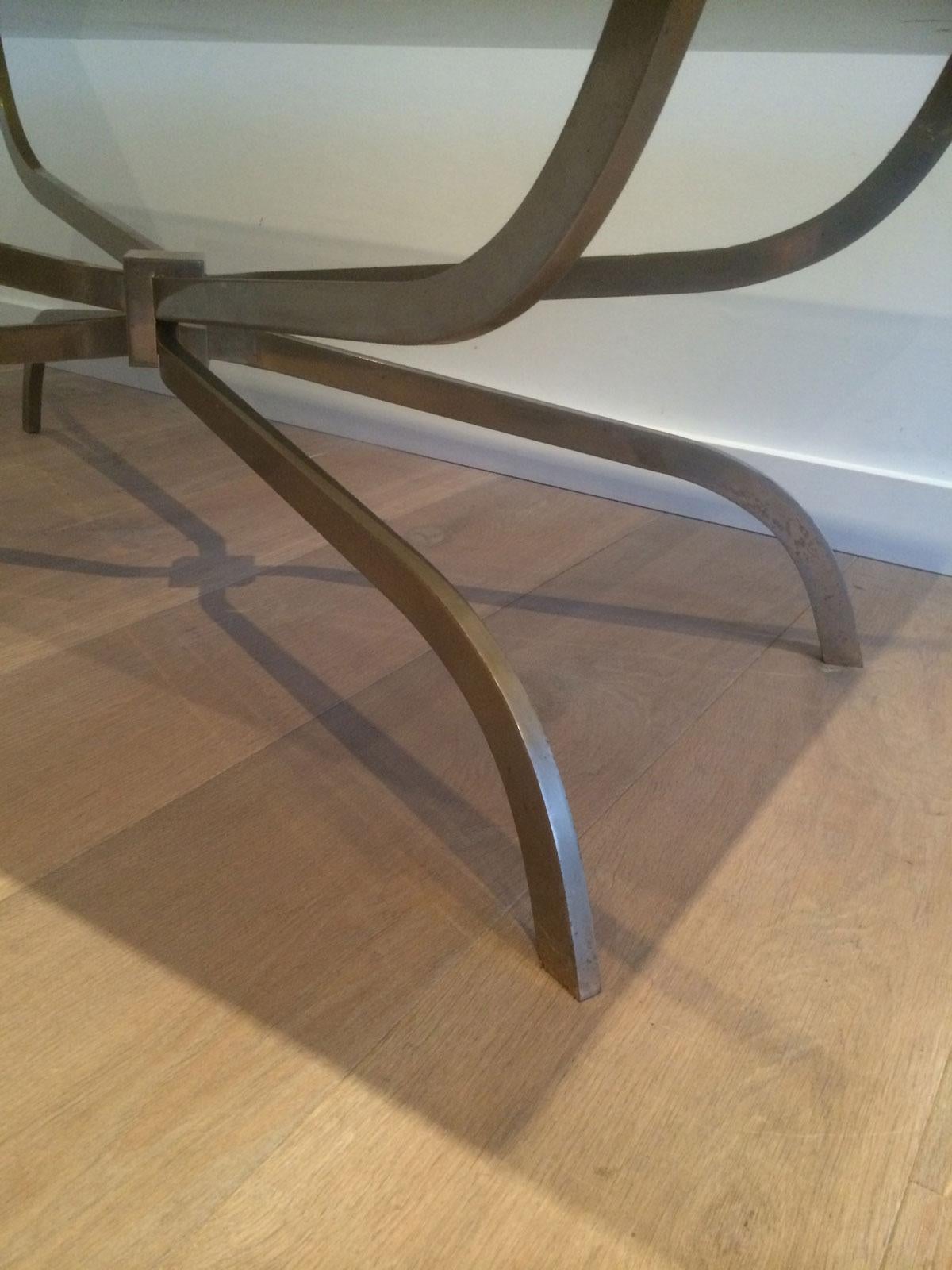 Maison Charles, Interesting Brushed Steel Coffee Table with Smoked Glass Top For Sale 9