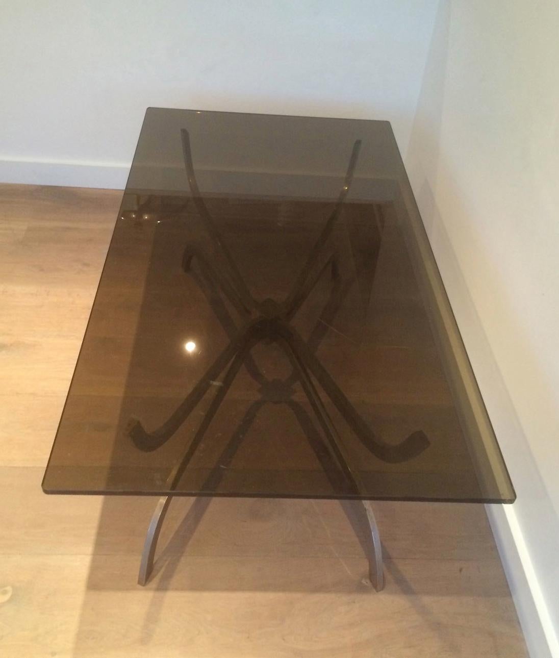 Maison Charles, Interesting Brushed Steel Coffee Table with Smoked Glass Top For Sale 11