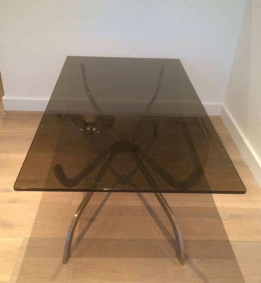 Maison Charles, Interesting Brushed Steel Coffee Table with Smoked Glass Top For Sale 14