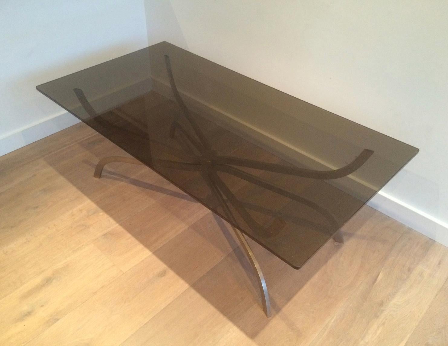 Mid-Century Modern Maison Charles, Interesting Brushed Steel Coffee Table with Smoked Glass Top For Sale