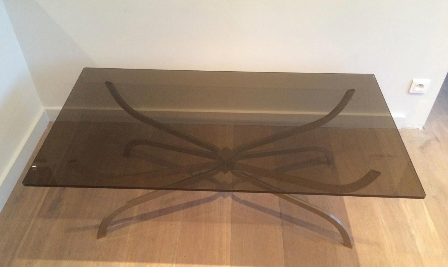 French Maison Charles, Interesting Brushed Steel Coffee Table with Smoked Glass Top For Sale