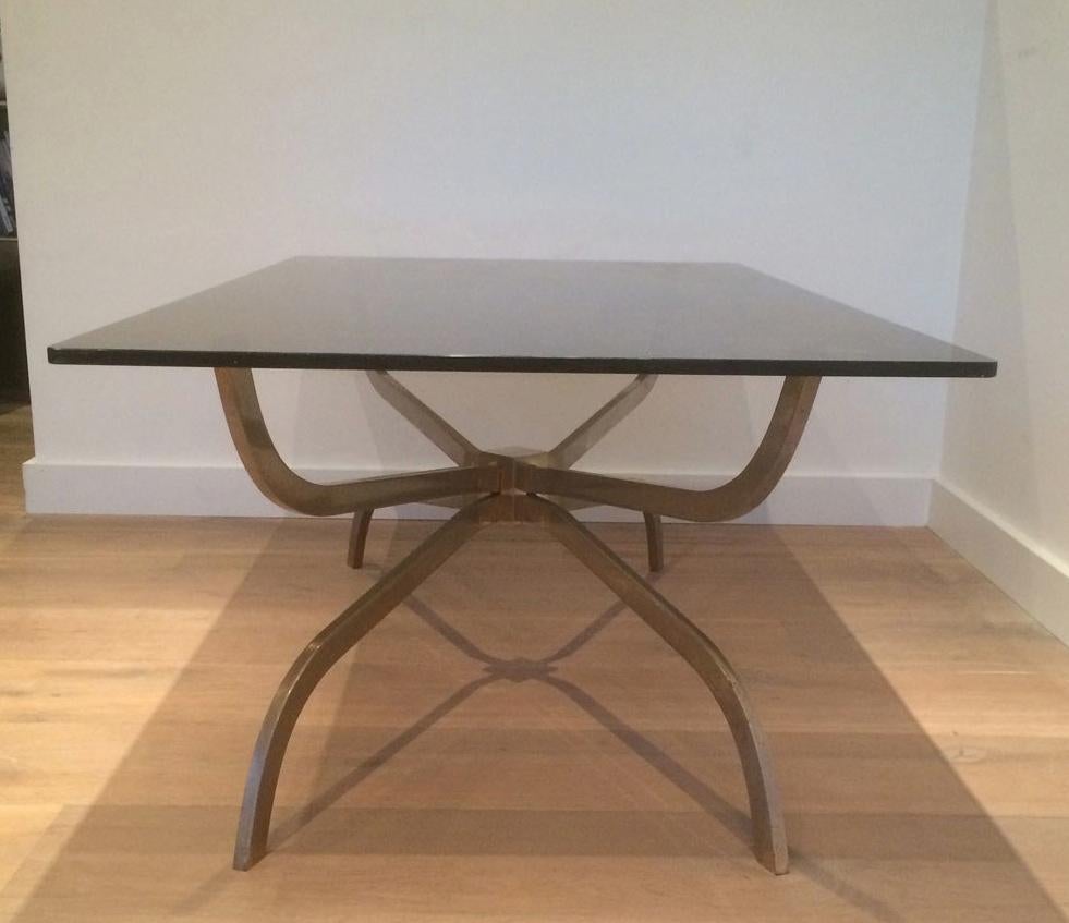 Maison Charles, Interesting Brushed Steel Coffee Table with Smoked Glass Top In Good Condition For Sale In Marcq-en-Barœul, Hauts-de-France