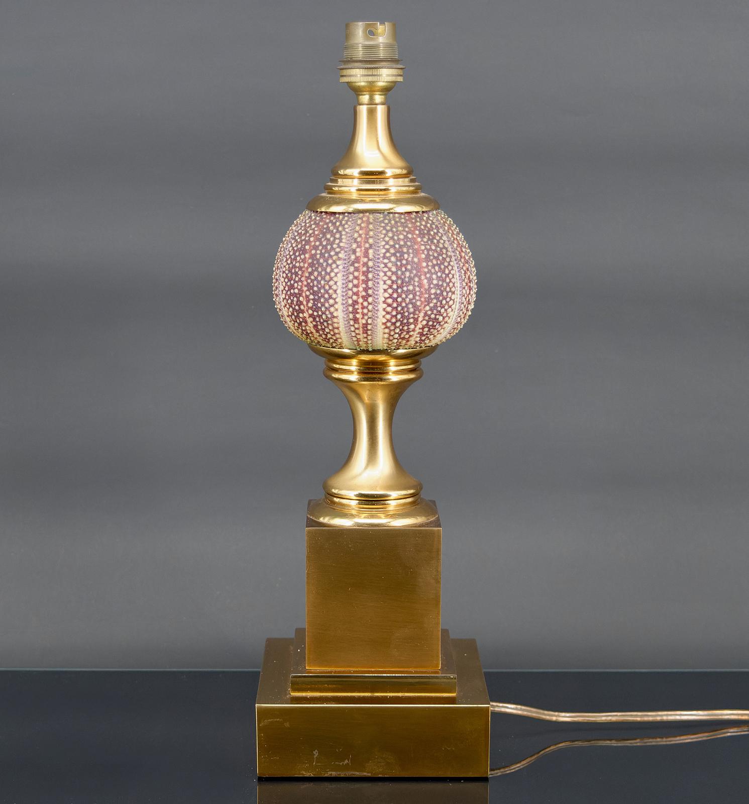 Metal Maison Charles lamp, pink sea urchin and gilded bronze, France, Circa 1960 For Sale