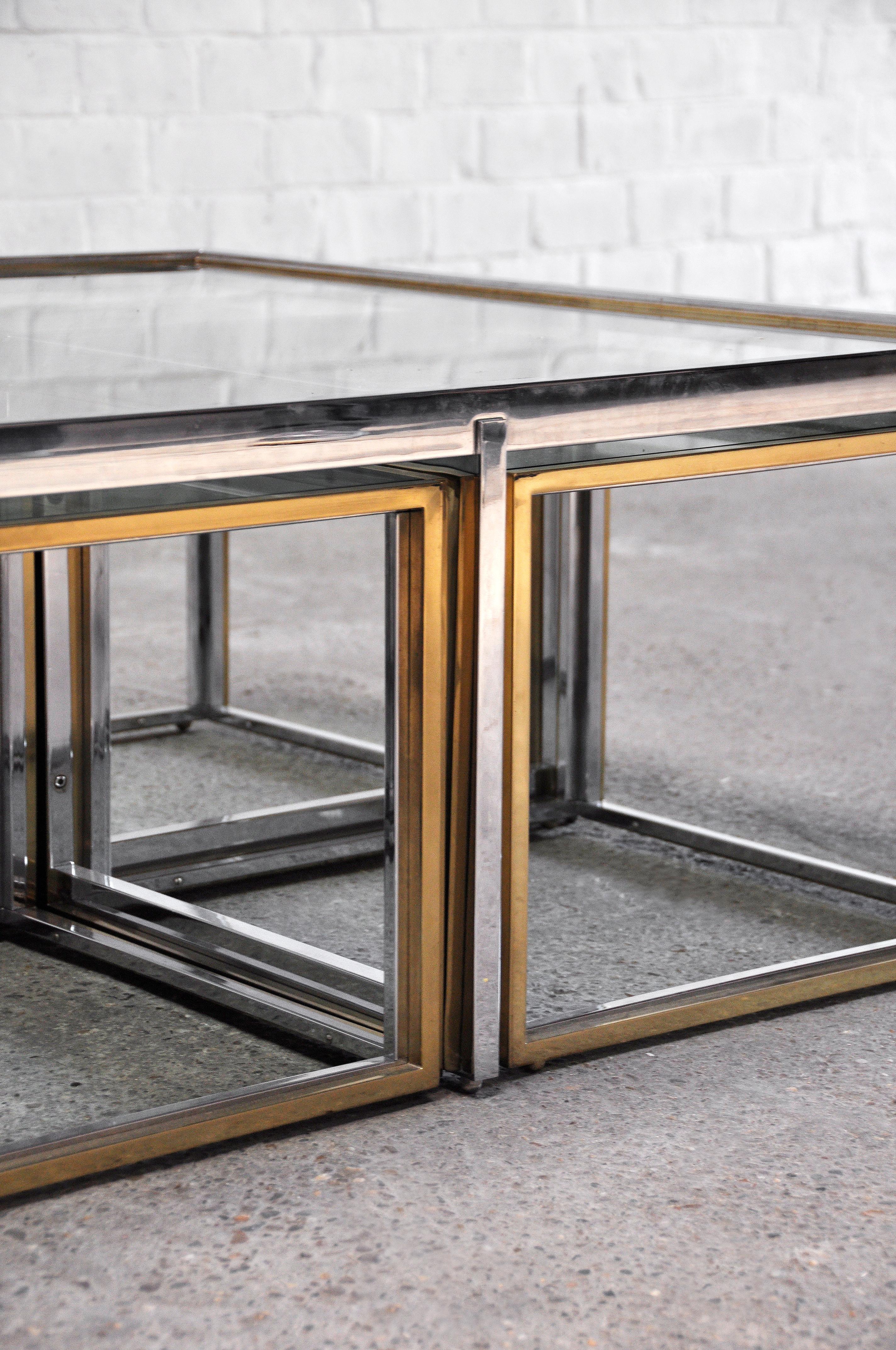 Maison Charles Metal And Brass Coffee Table with Four Nesting Tables, 1970's 4