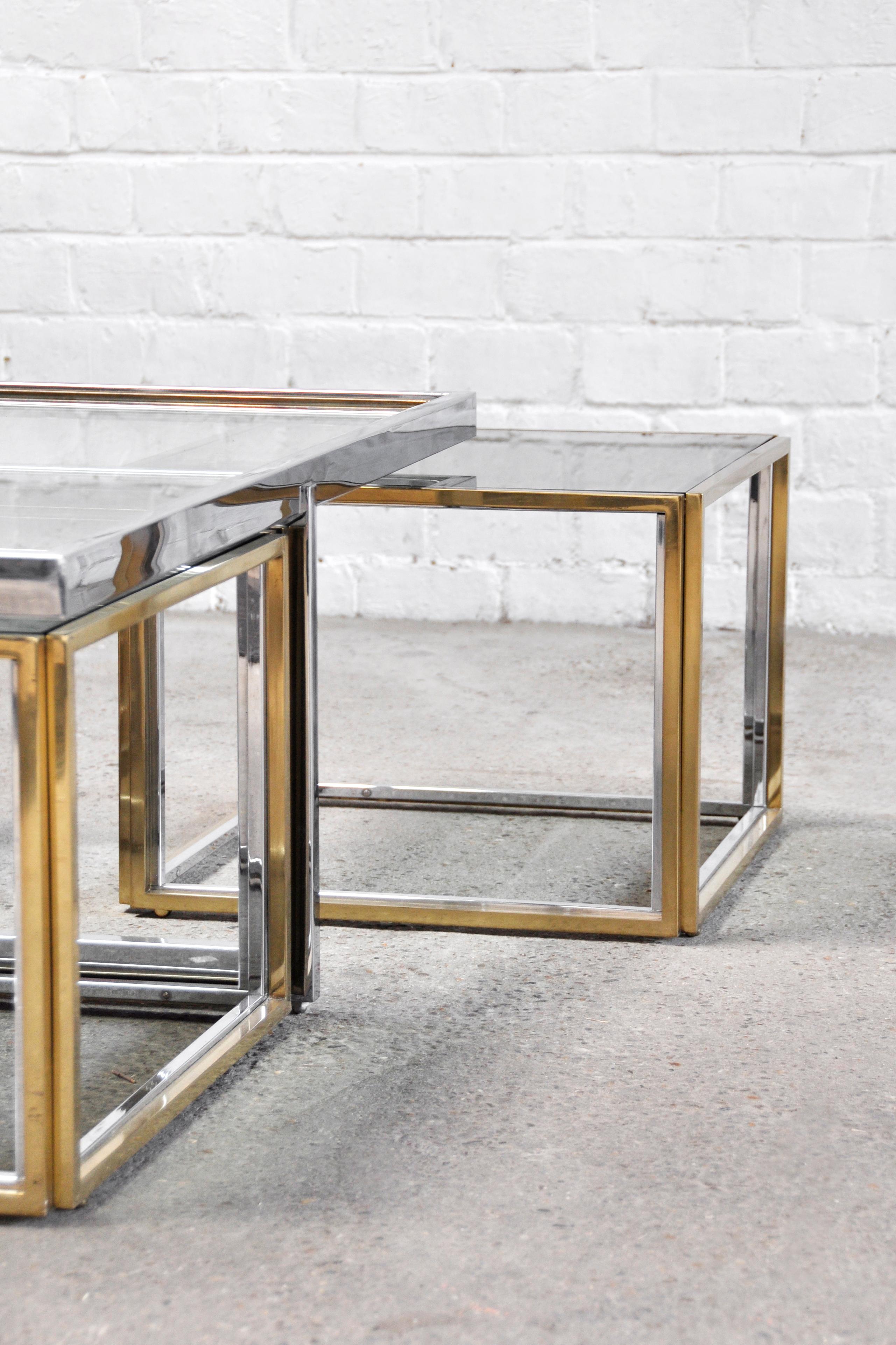 Hollywood Regency Maison Charles Metal And Brass Coffee Table with Four Nesting Tables, 1970's