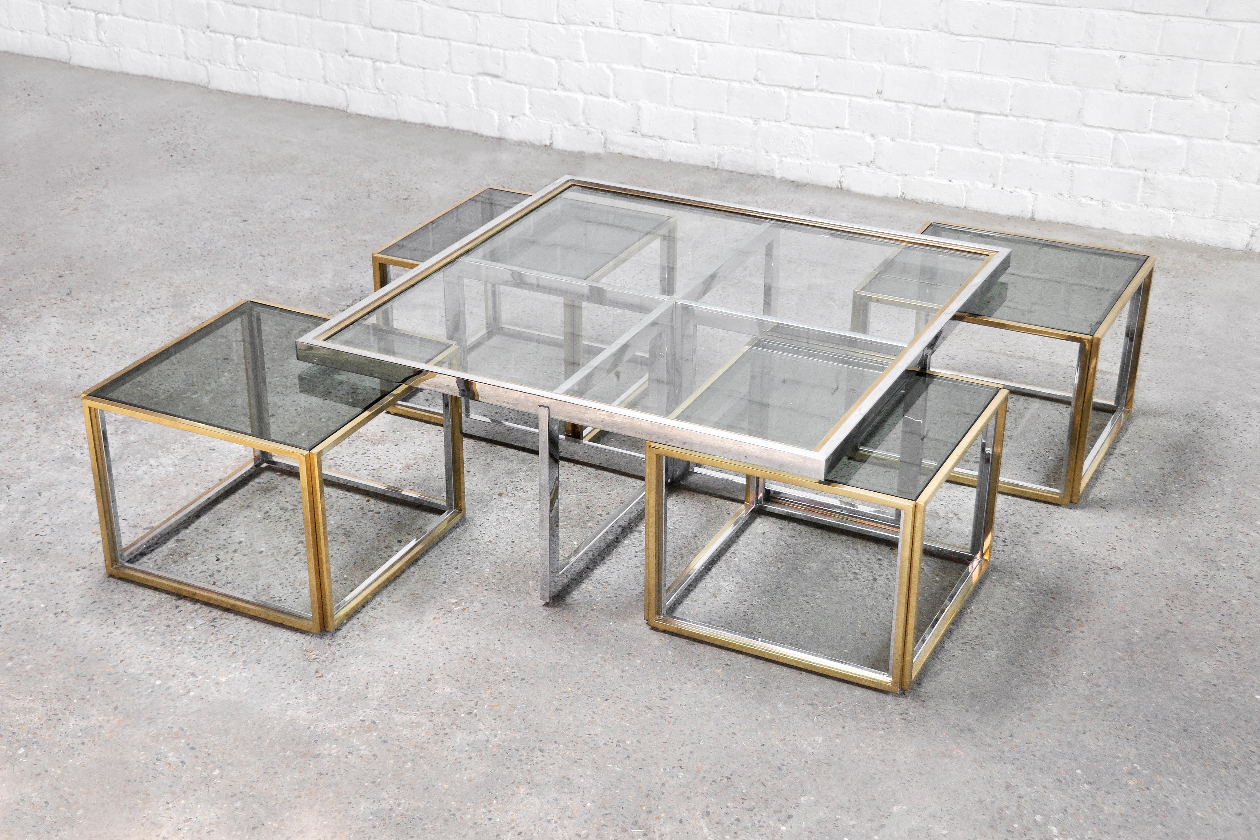 French Maison Charles Metal And Brass Coffee Table with Four Nesting Tables, 1970's