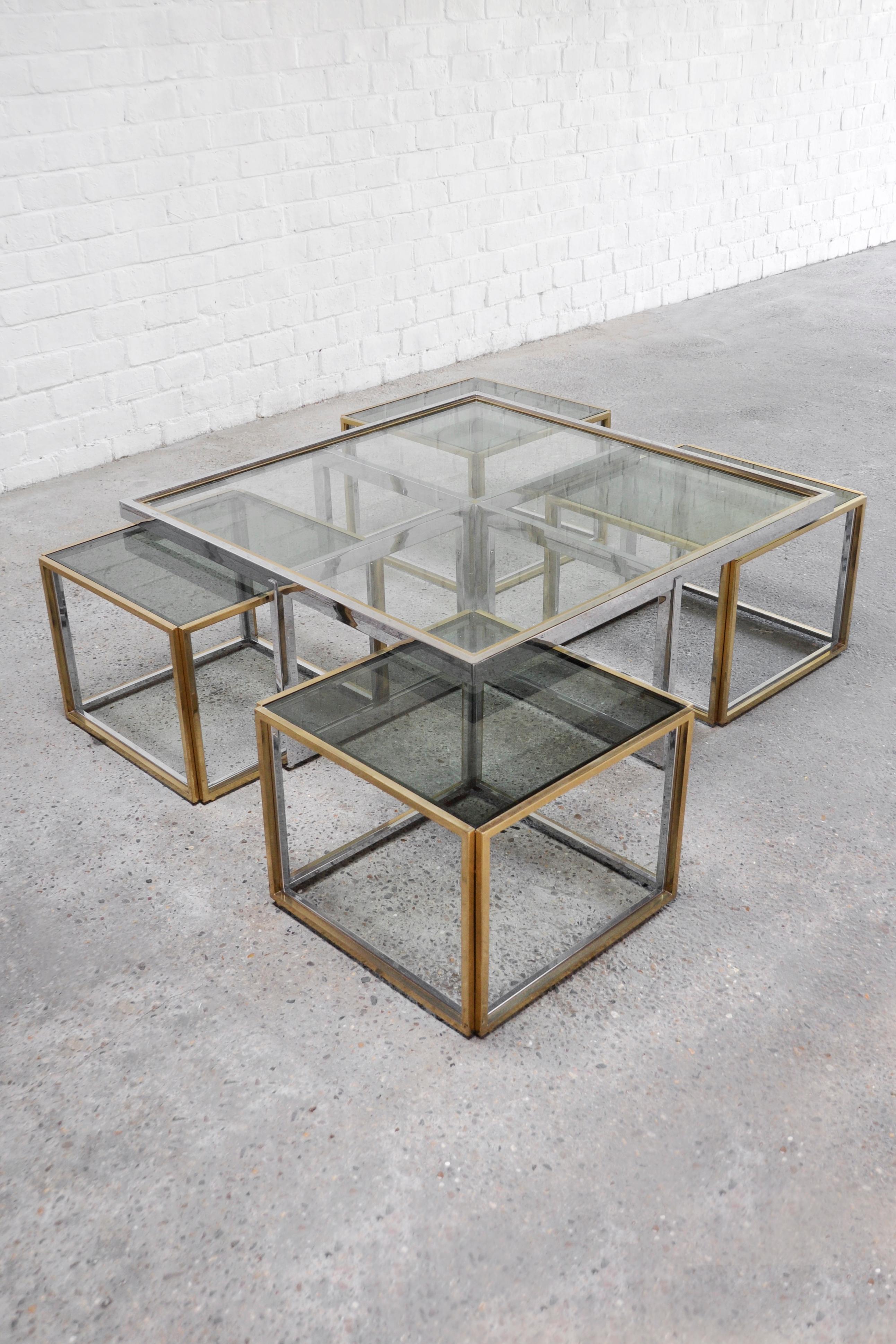 Late 20th Century Maison Charles Metal And Brass Coffee Table with Four Nesting Tables, 1970's