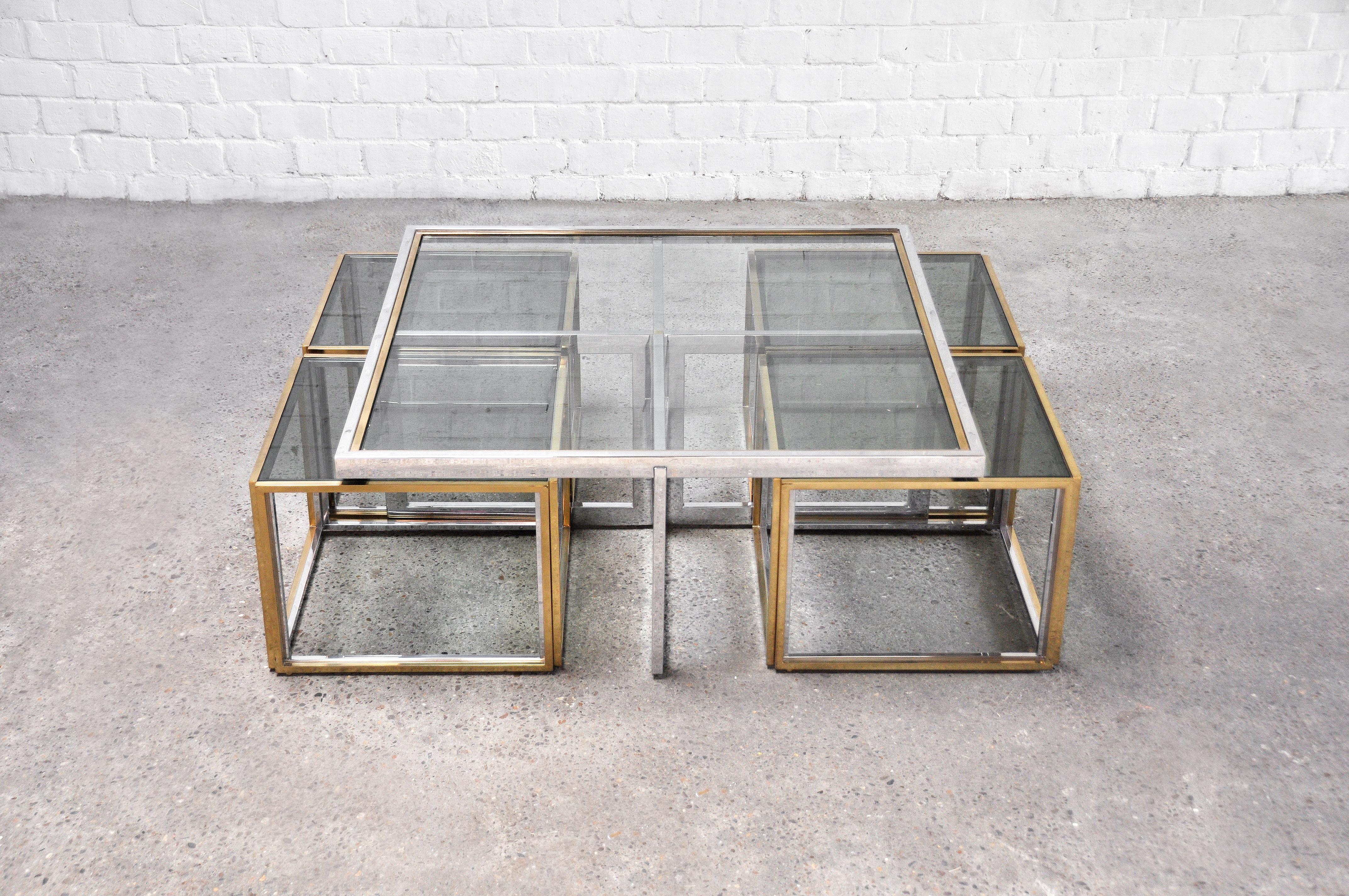 Maison Charles Metal And Brass Coffee Table with Four Nesting Tables, 1970's 2