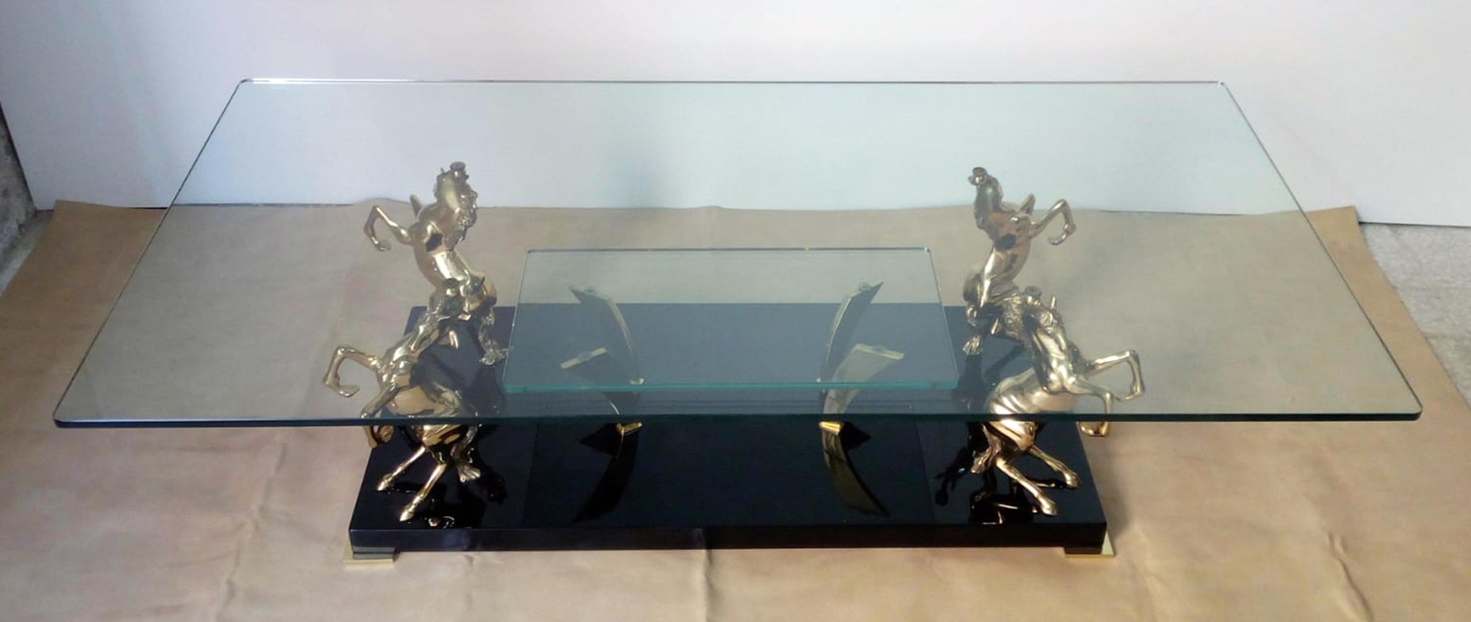 Lacquered Maison Charles Mid-Century Modern Brass Horsed French Coffee Table, 1970s