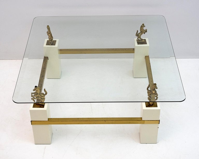 Lacquered Maison Charles Mid-Century Modern Brass Horsed French Coffee Table, 1970s For Sale