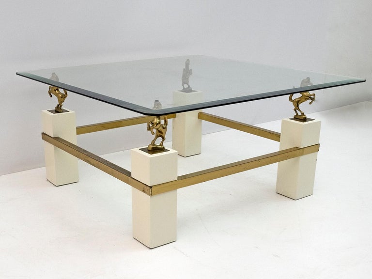 Glass Maison Charles Mid-Century Modern Brass Horsed French Coffee Table, 1970s For Sale