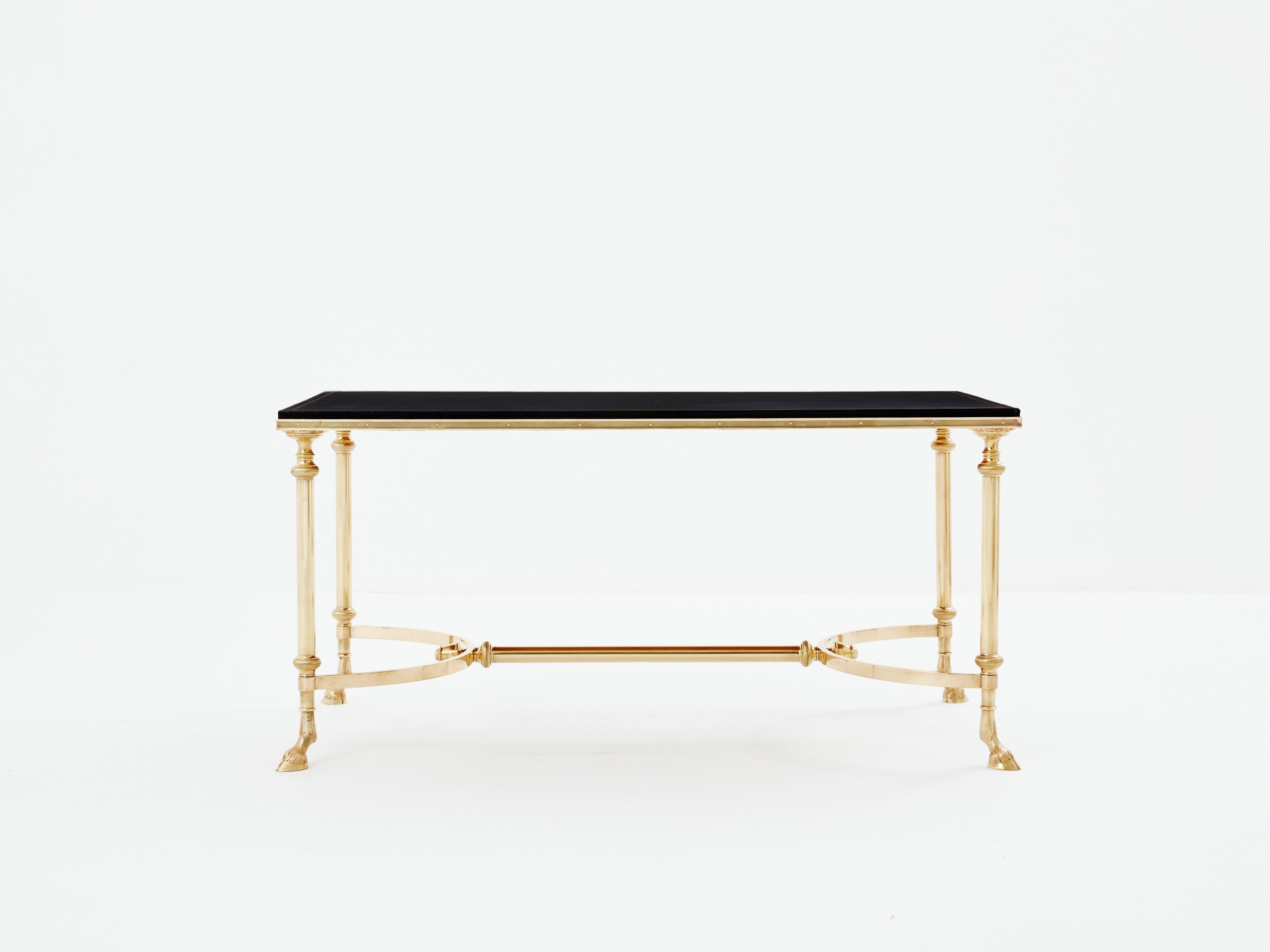 Maison Charles neoclassical coffee table brass black leather 1970s For Sale 4