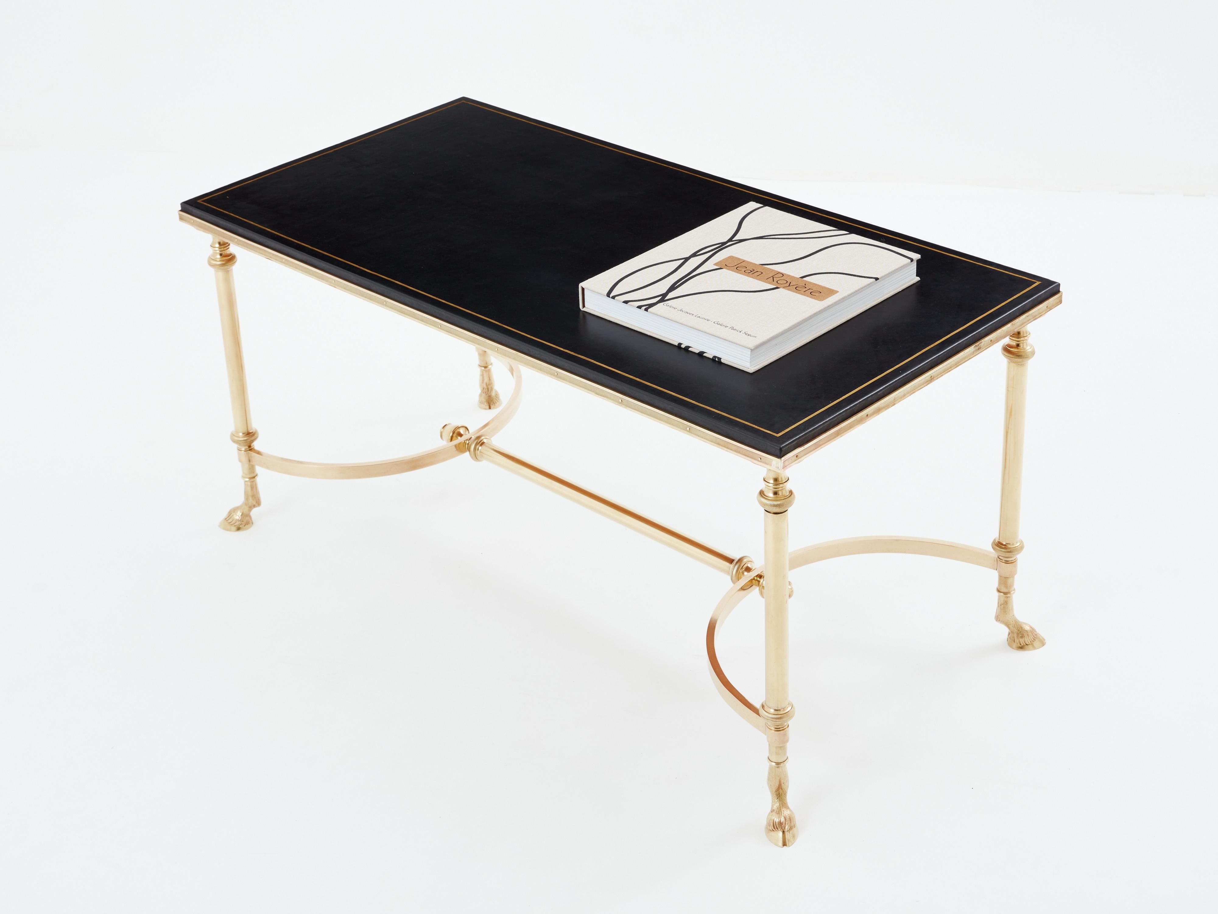 Neoclassical Revival Maison Charles neoclassical coffee table brass black leather 1970s For Sale