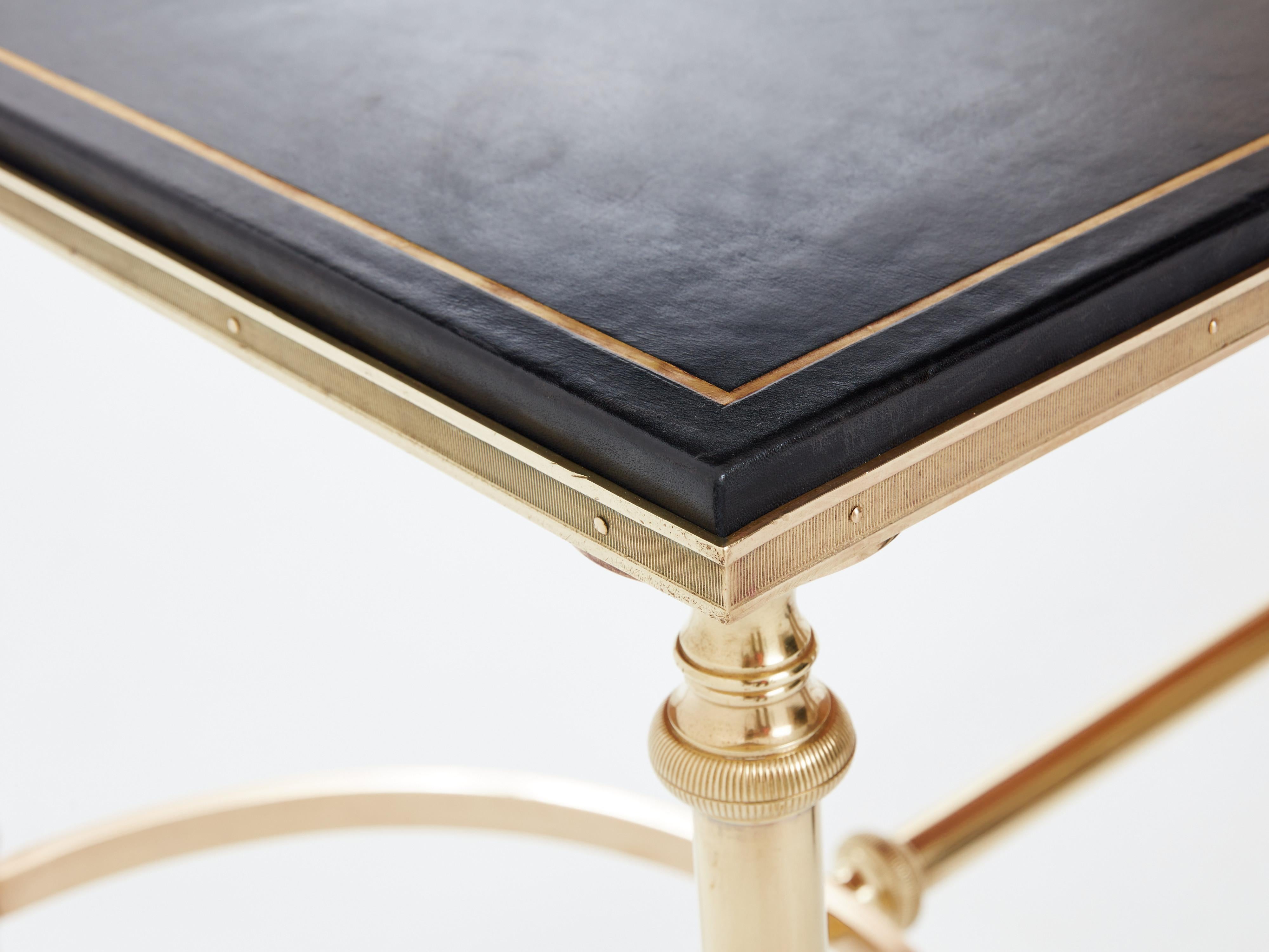 Maison Charles neoclassical coffee table brass black leather 1970s In Good Condition For Sale In Paris, IDF