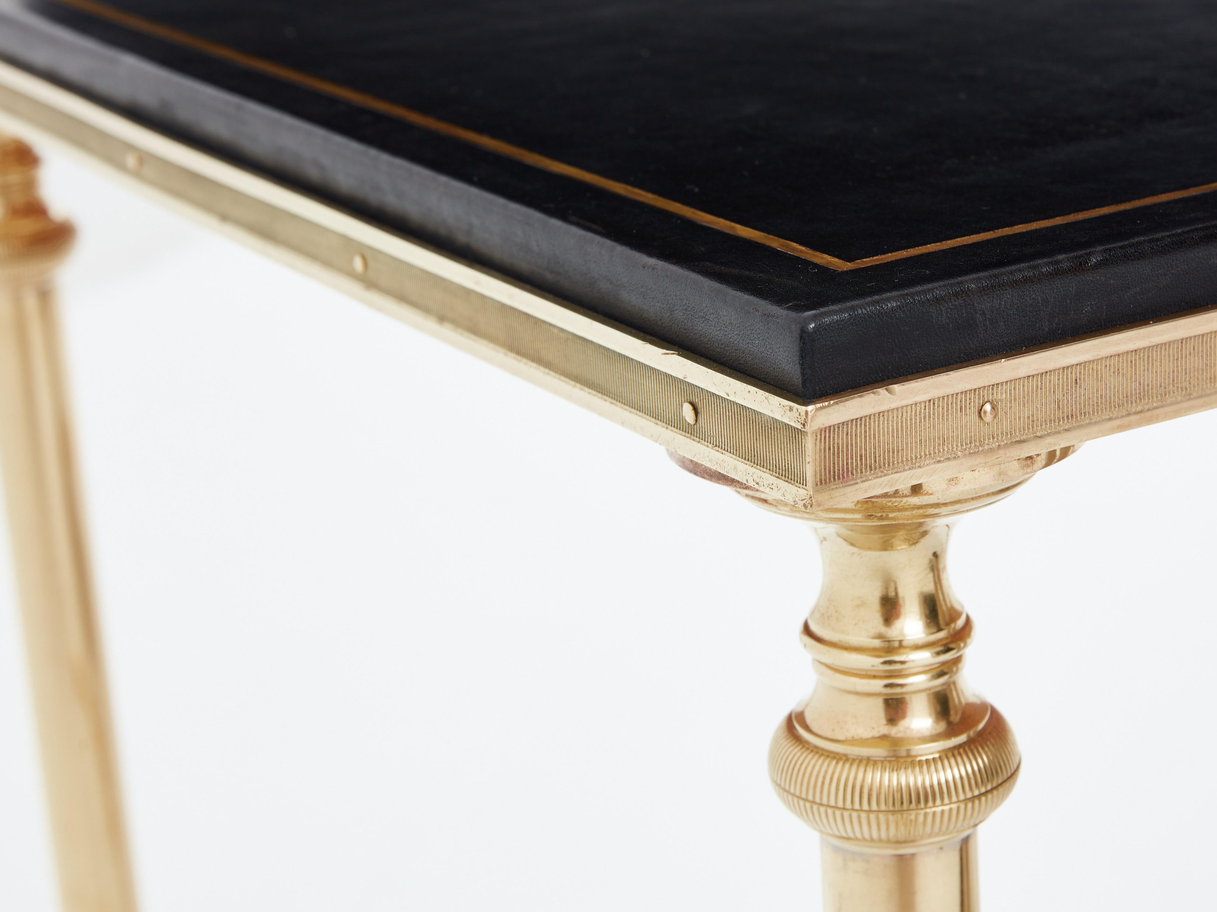 Late 20th Century Maison Charles neoclassical coffee table brass black leather 1970s For Sale