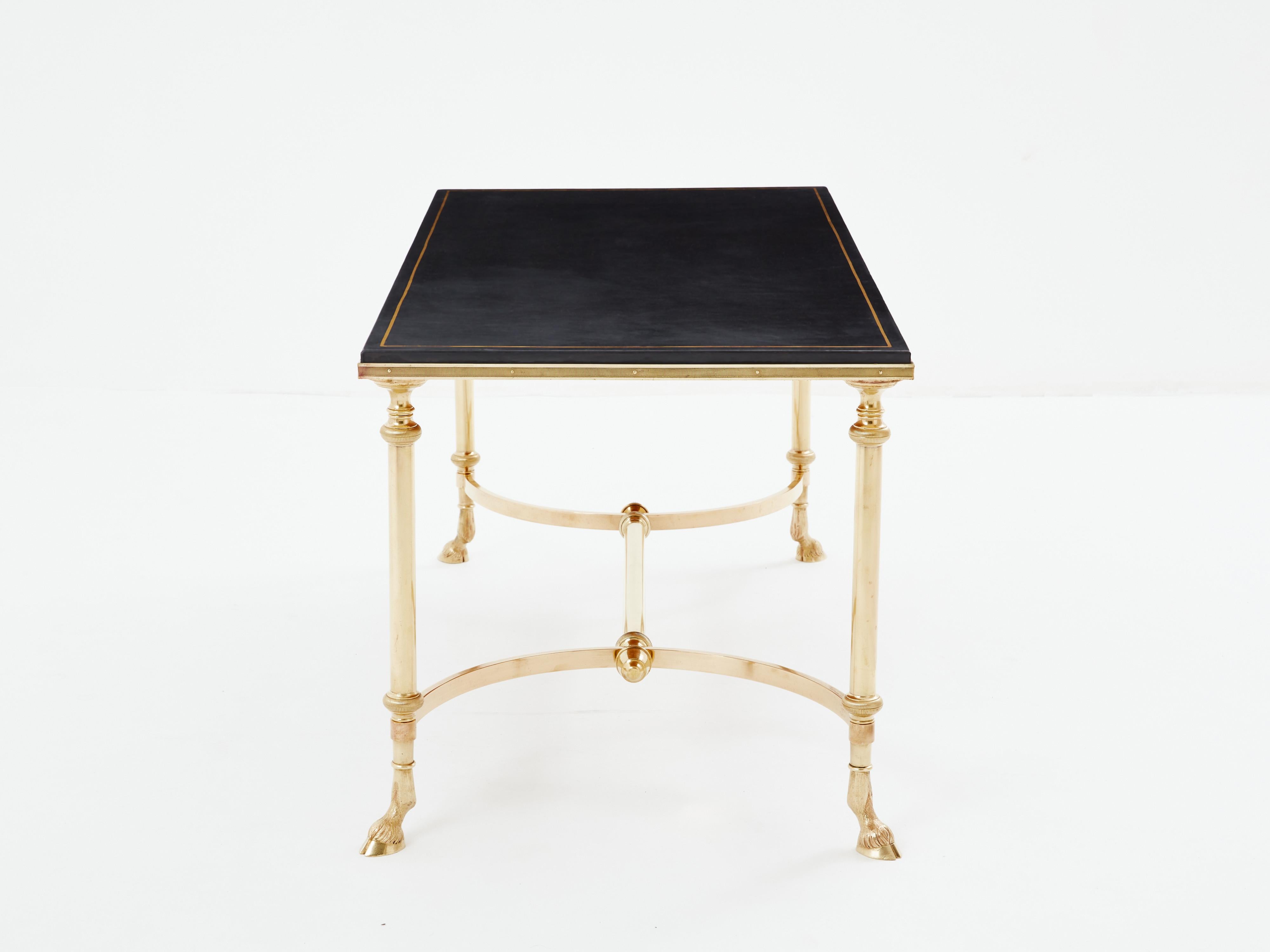Brass Maison Charles neoclassical coffee table brass black leather 1970s For Sale