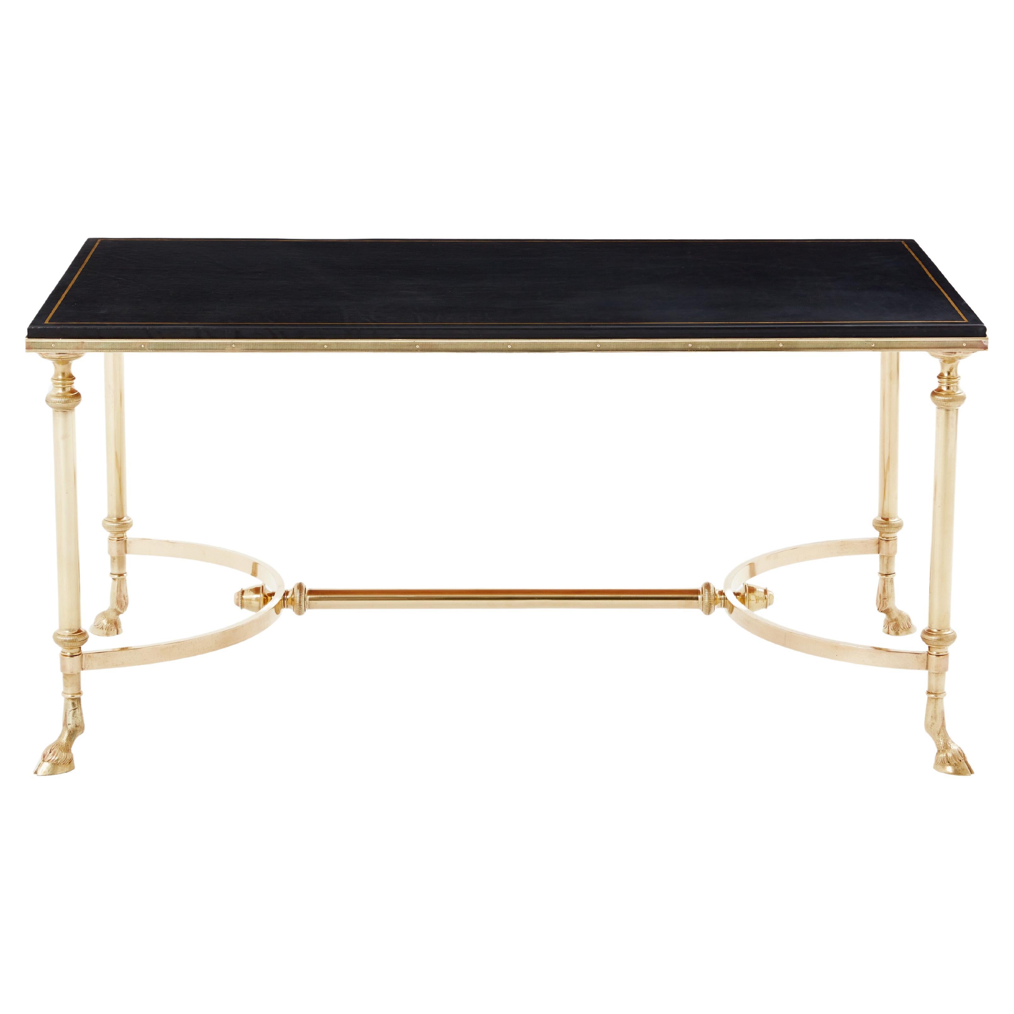Maison Charles neoclassical coffee table brass black leather 1970s For Sale