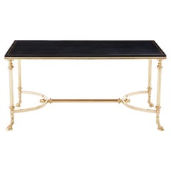 Vintage Maison Charles neoclassical coffee table brass black leather 1970s