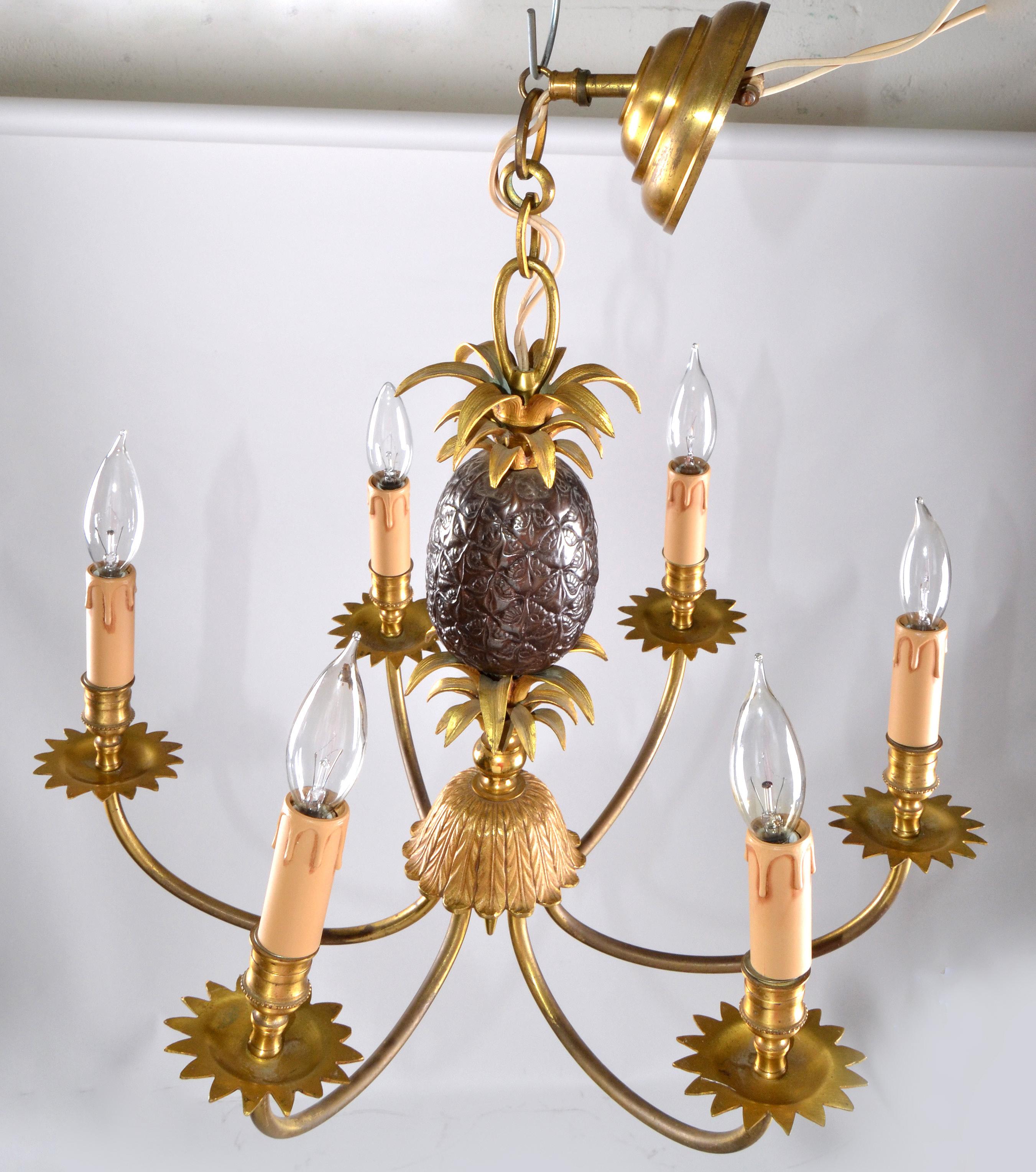 French Maison Charles Neoclassical Six-Light Pineapple Bronze Chandelier with Sleeves For Sale