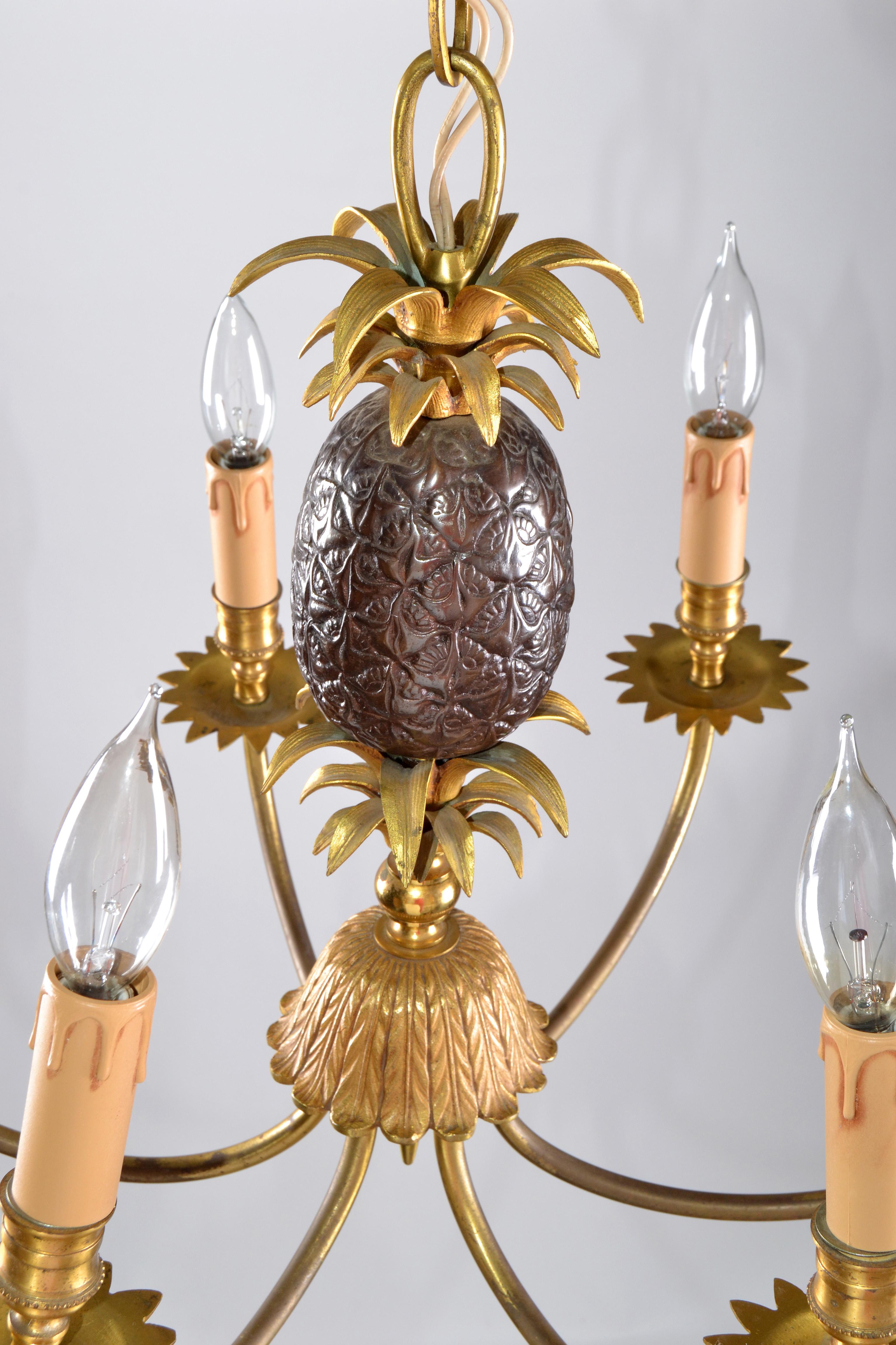 Maison Charles Neoclassical Six-Light Pineapple Bronze Chandelier with Sleeves In Good Condition For Sale In Miami, FL