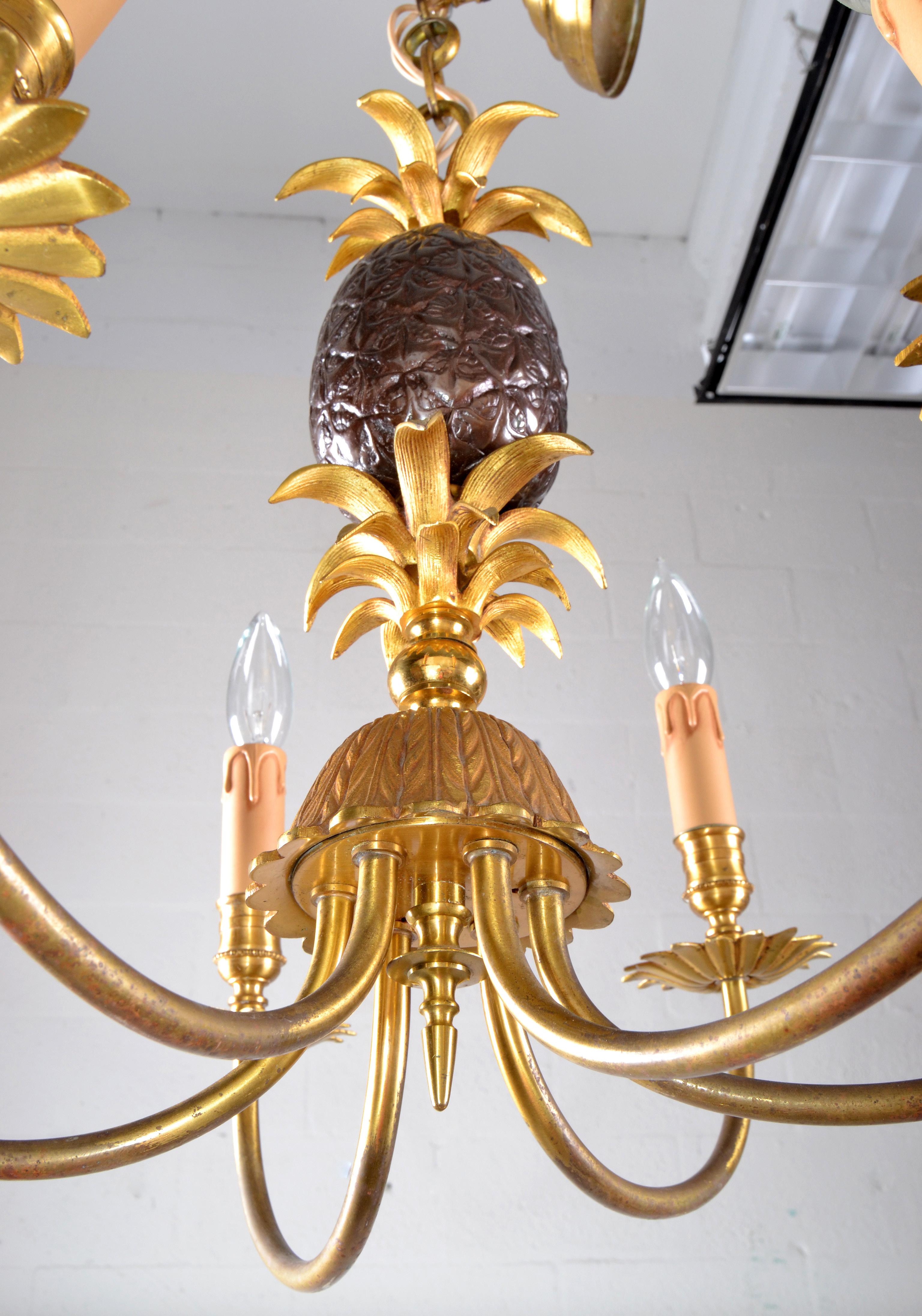 Mid-20th Century Maison Charles Neoclassical Six-Light Pineapple Bronze Chandelier with Sleeves For Sale