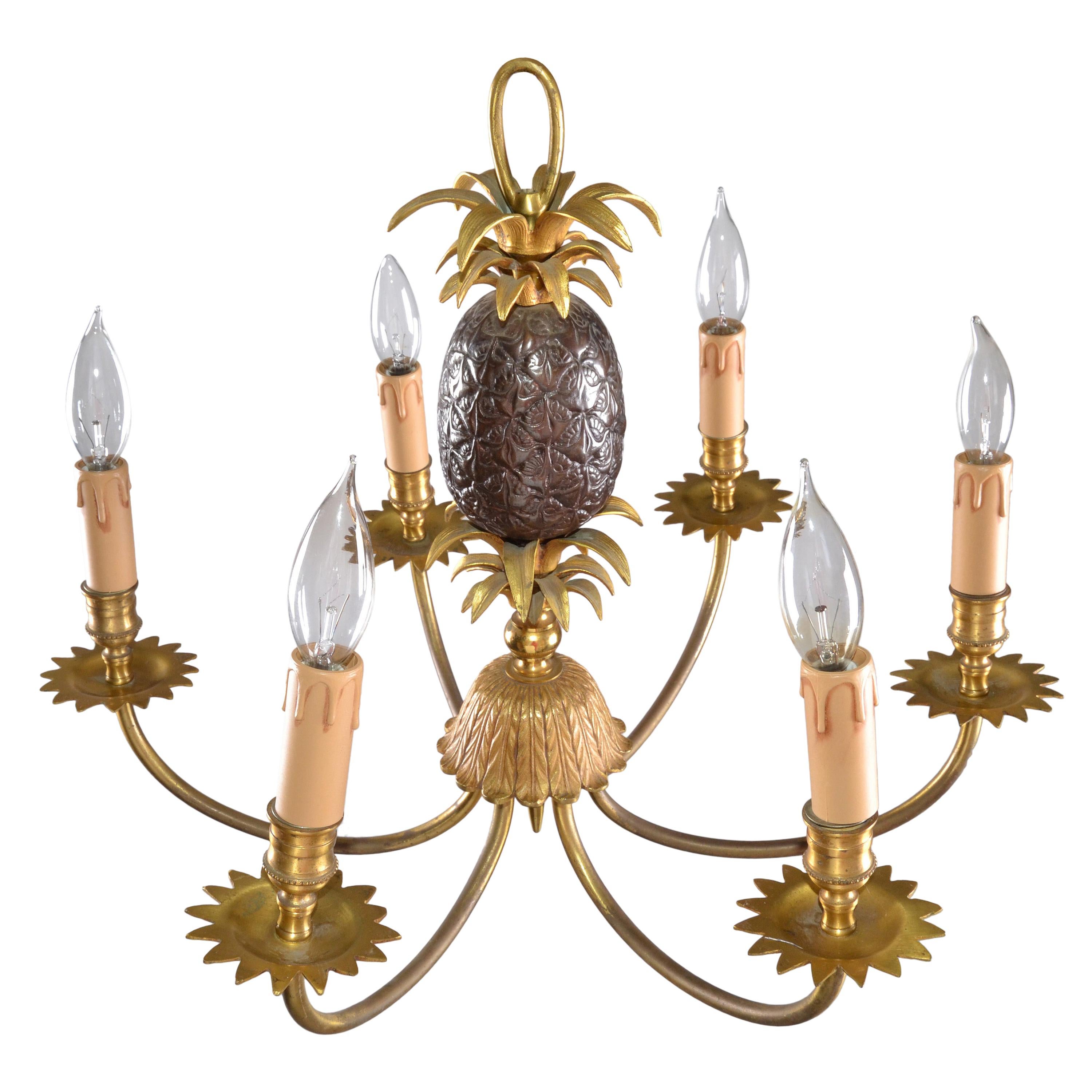 Maison Charles Neoclassical Six-Light Pineapple Bronze Chandelier with Sleeves For Sale