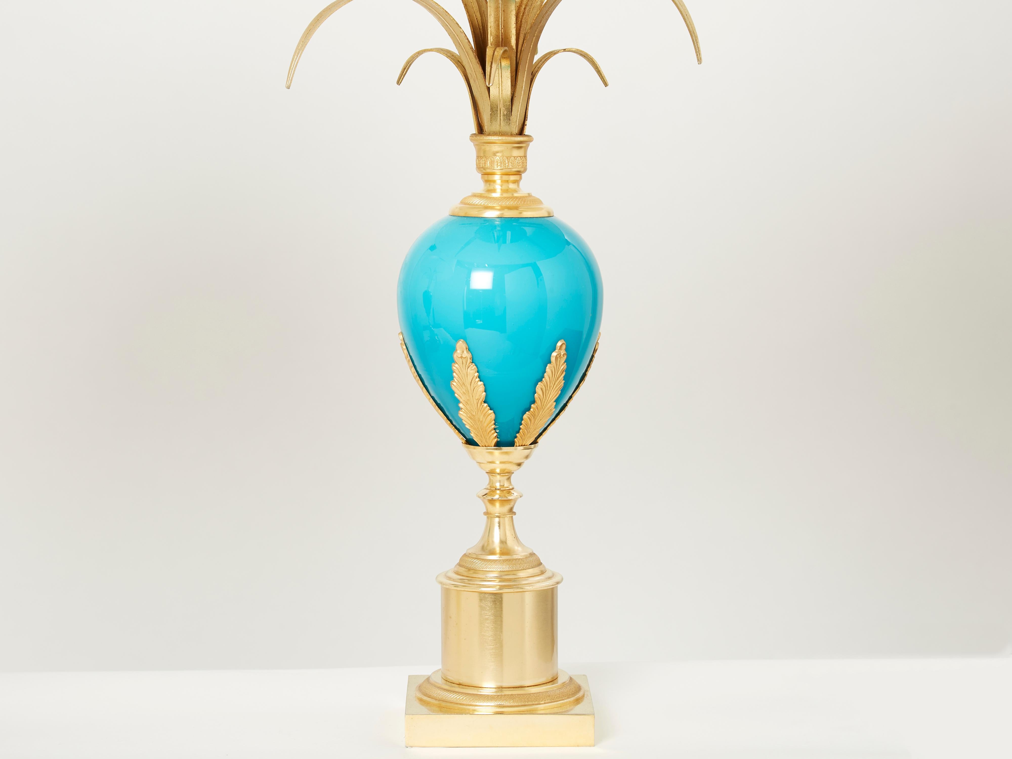 Mid-Century Modern Maison Charles Pair of Brass Lamps Blue Opaline Ostrich Egg, 1970s