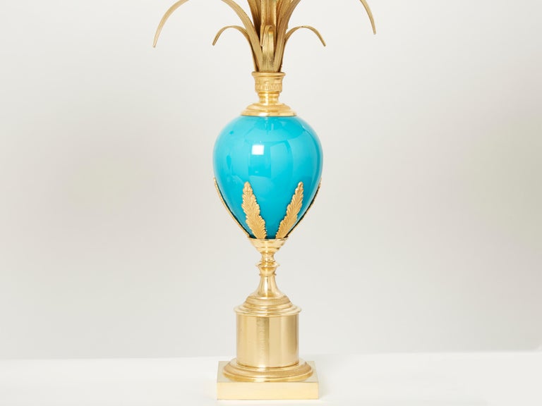 Mid-Century Modern Maison Charles Pair of Brass Lamps Blue Opaline Ostrich Egg, 1970s For Sale
