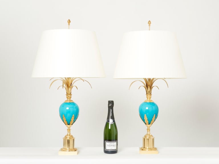 Maison Charles Pair of Brass Lamps Blue Opaline Ostrich Egg, 1970s In Good Condition For Sale In Paris, FR