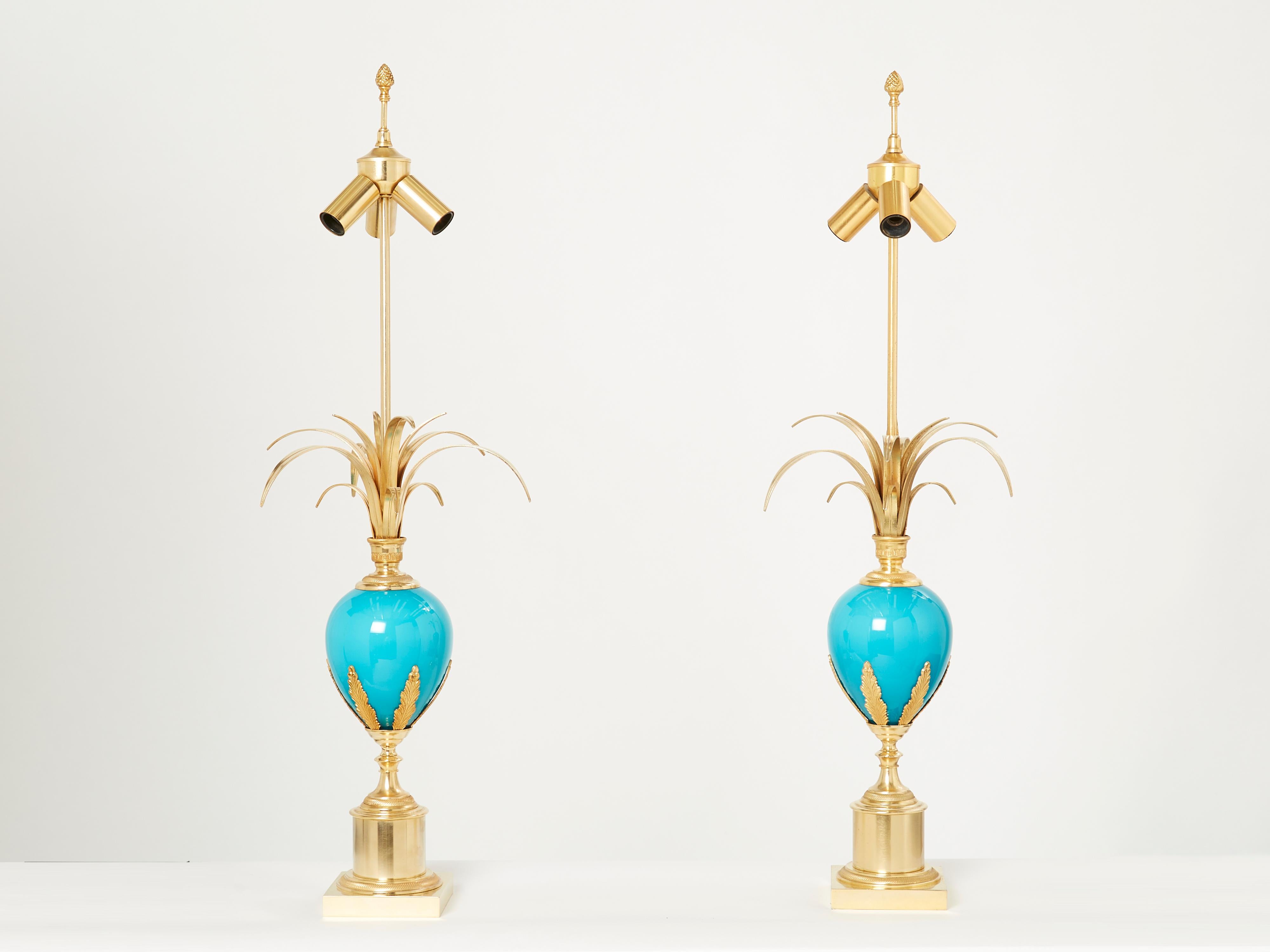 Late 20th Century Maison Charles Pair of Brass Lamps Blue Opaline Ostrich Egg, 1970s