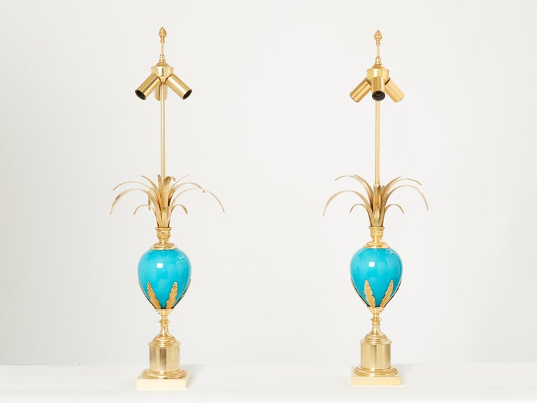 Late 20th Century Maison Charles Pair of Brass Lamps Blue Opaline Ostrich Egg, 1970s For Sale