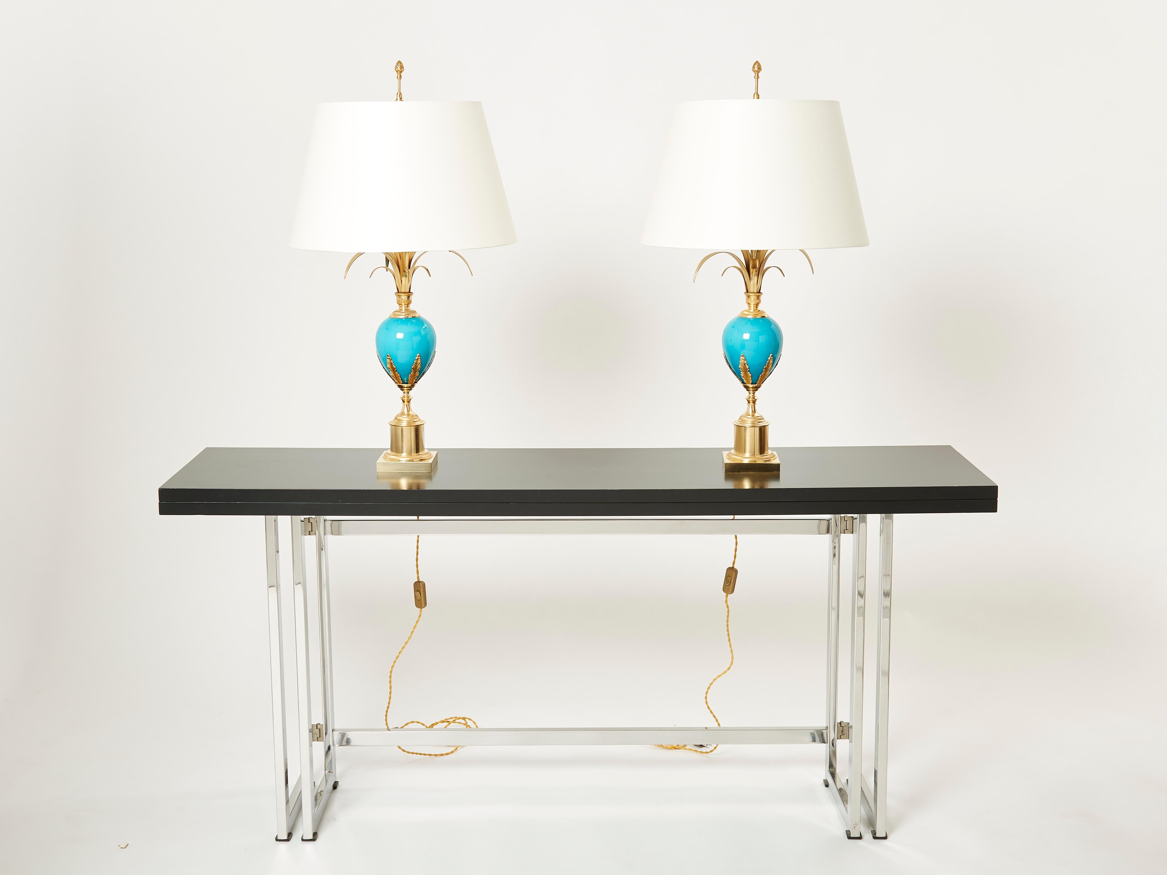 Maison Charles Pair of Brass Lamps Blue Opaline Ostrich Egg, 1970s 1