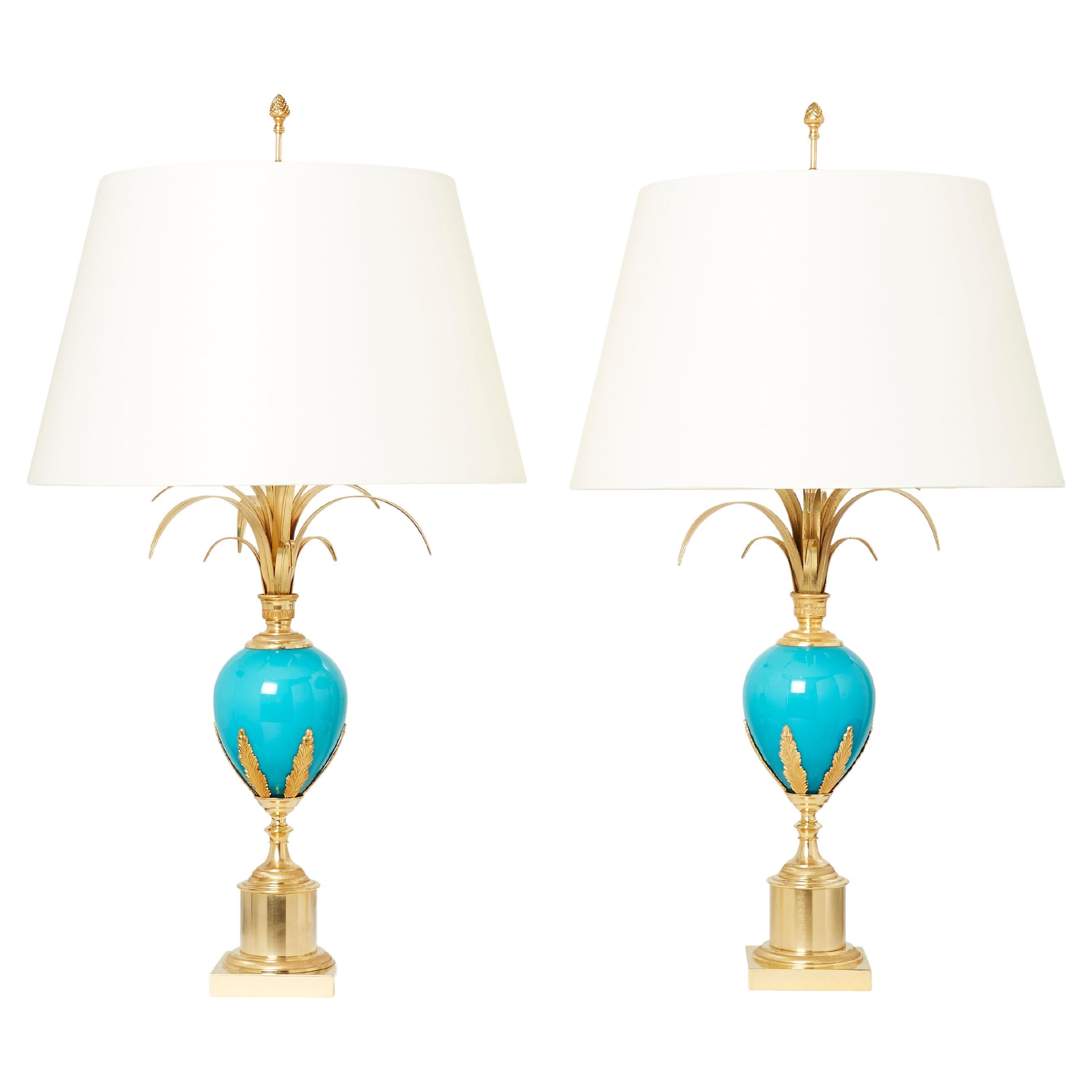 Maison Charles Pair of Brass Lamps Blue Opaline Ostrich Egg, 1970s