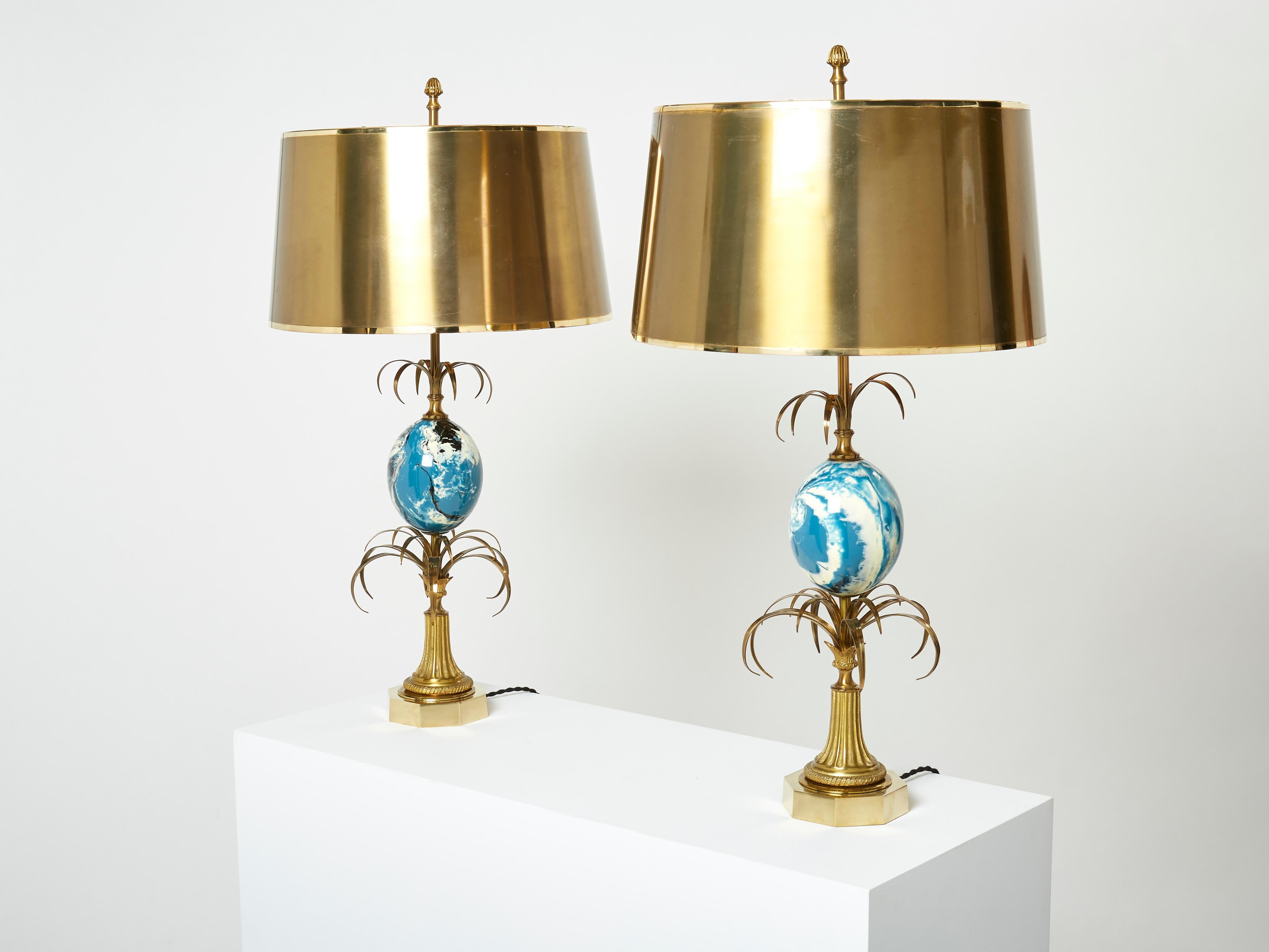 Mid-Century Modern Maison Charles Pair of Brass Lamps Blue Ostrich Egg Original Shades, 1960s
