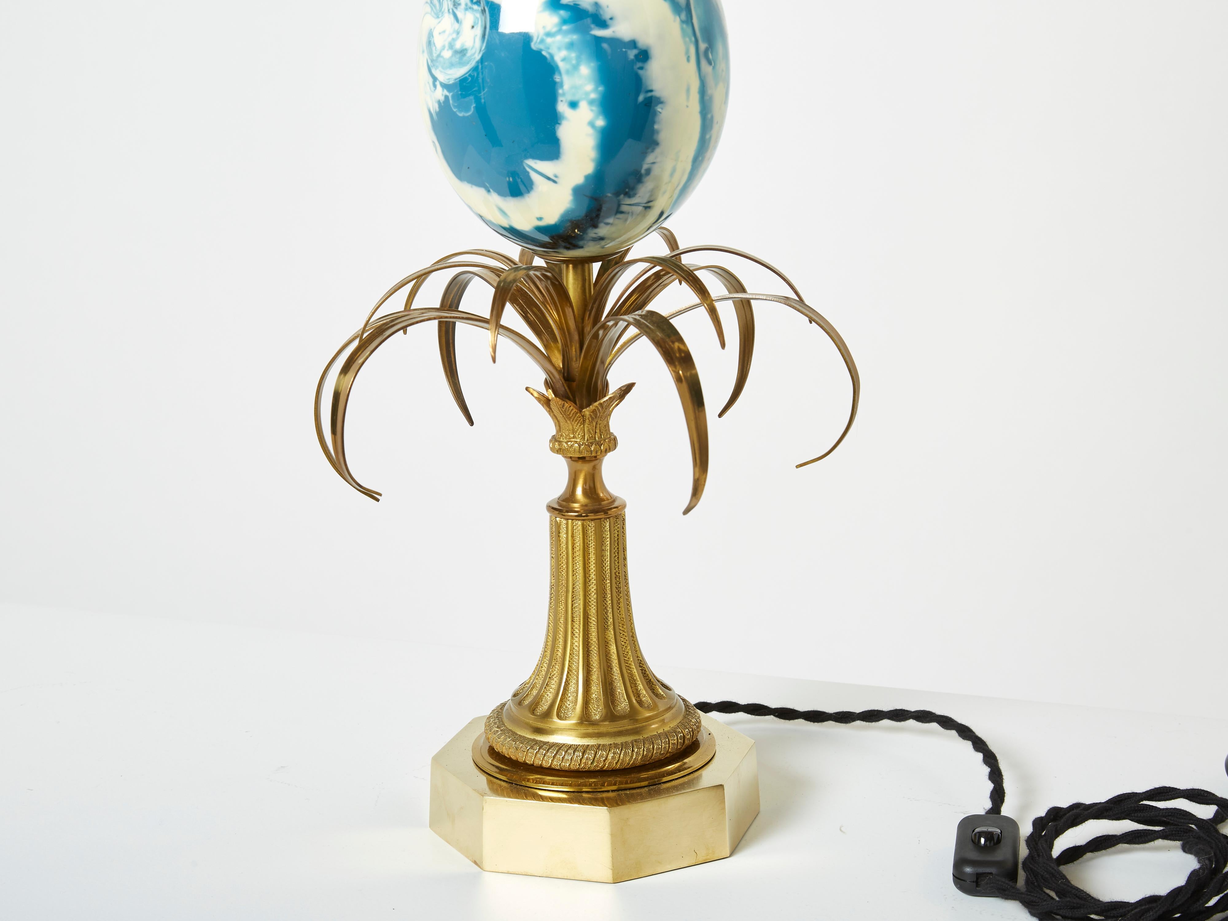 French Maison Charles Pair of Brass Lamps Blue Ostrich Egg Original Shades, 1960s