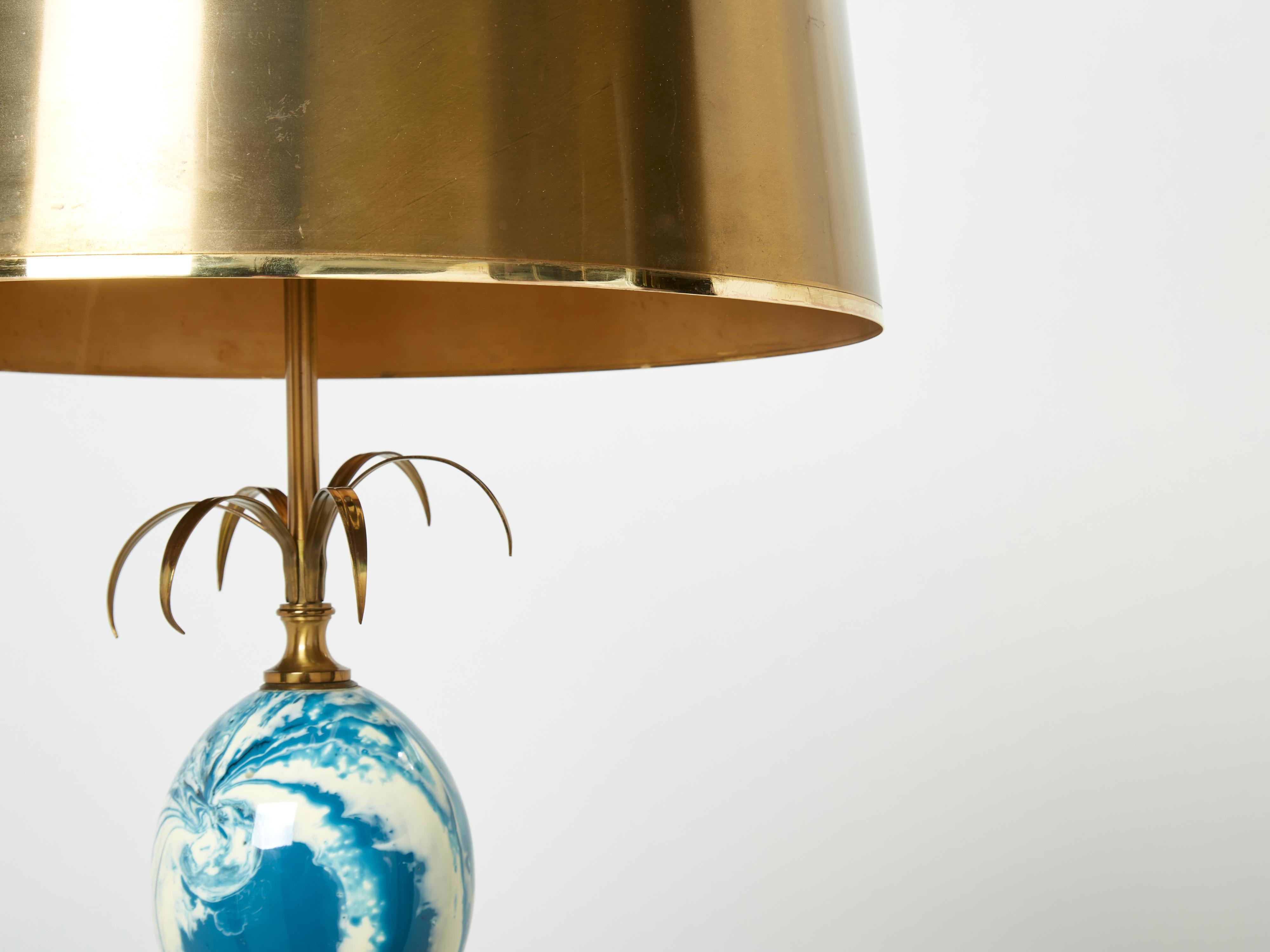 Maison Charles Pair of Brass Lamps Blue Ostrich Egg Original Shades, 1960s In Good Condition In Paris, IDF