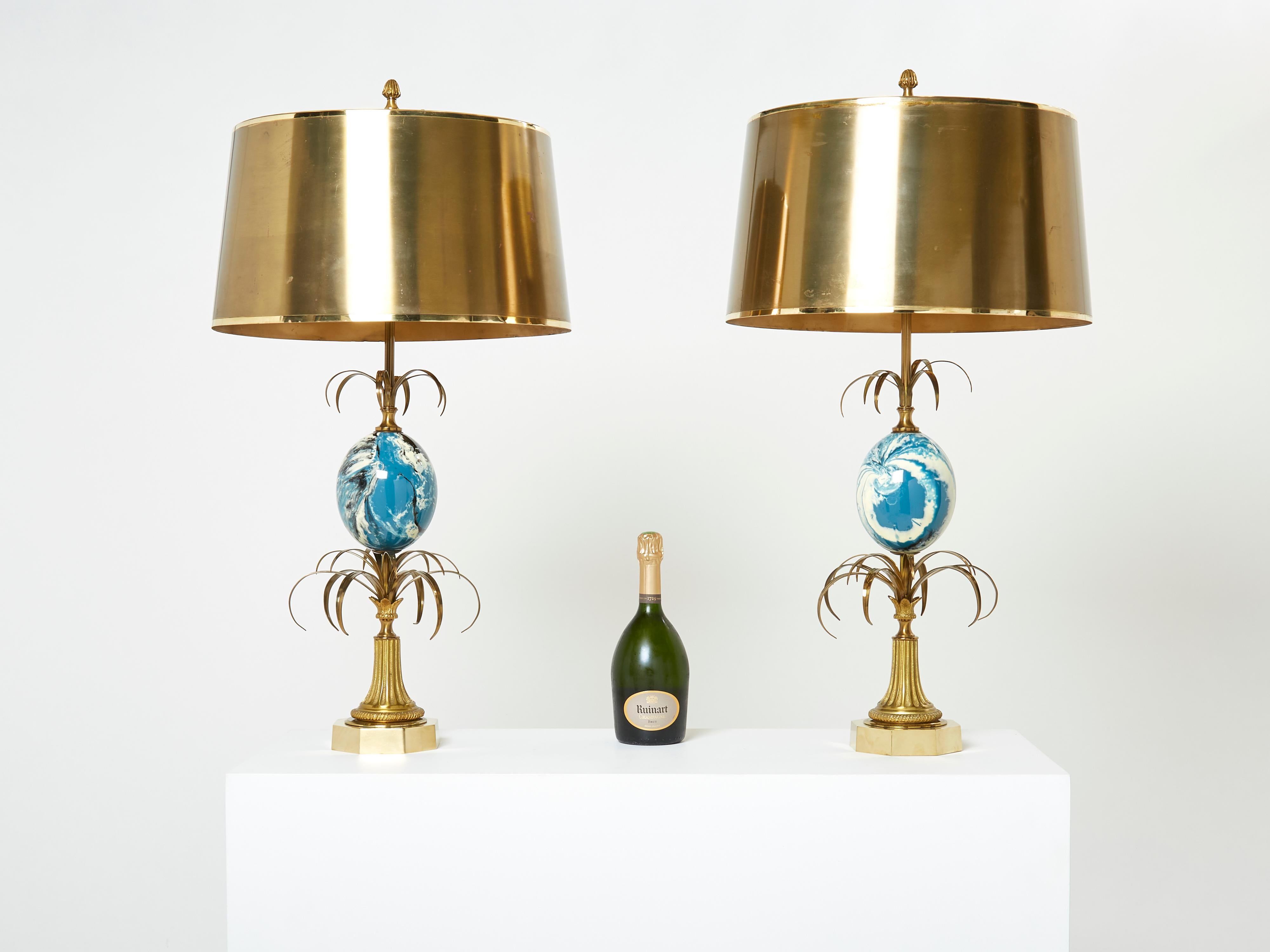 Mid-20th Century Maison Charles Pair of Brass Lamps Blue Ostrich Egg Original Shades, 1960s