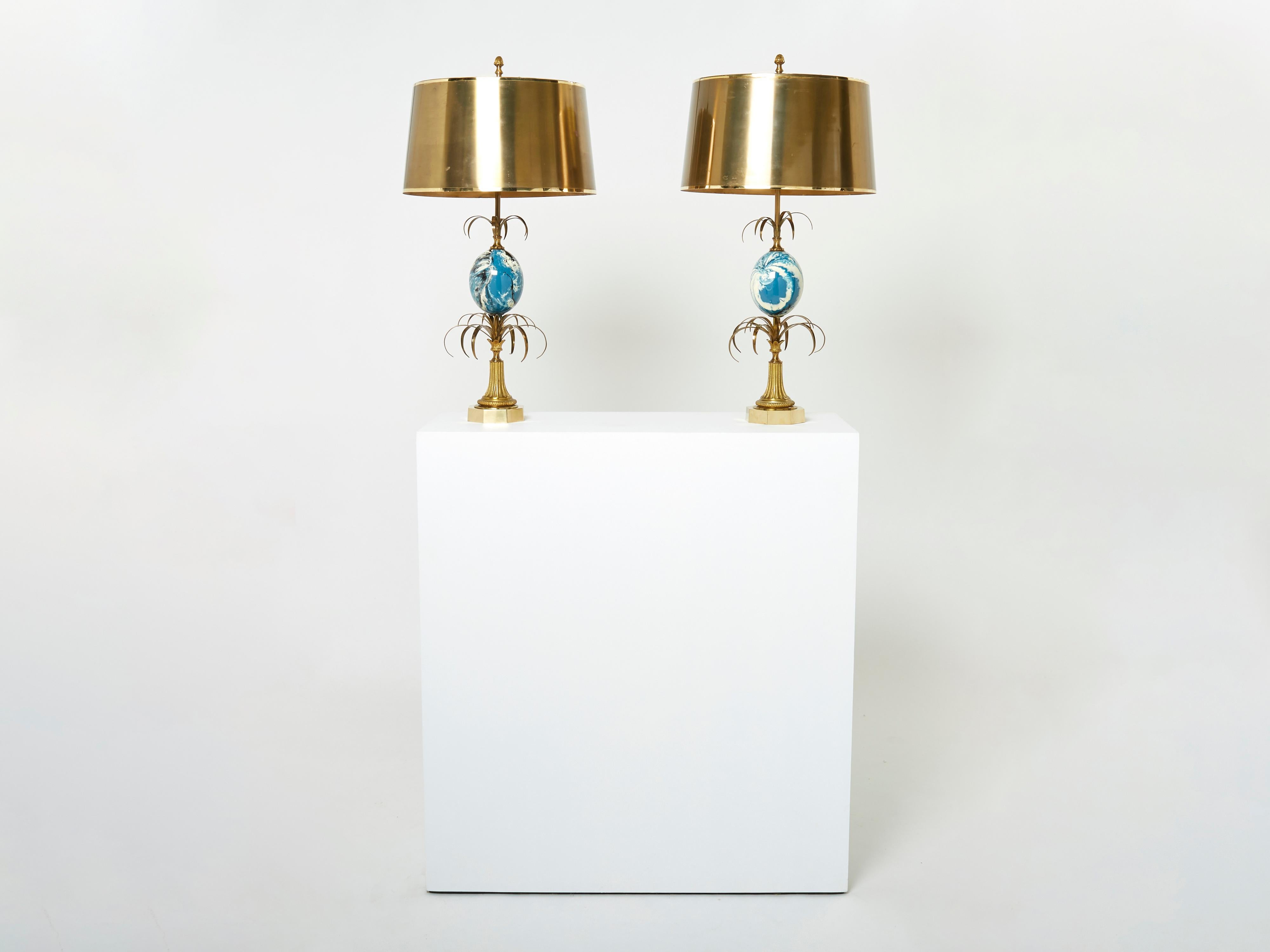 Maison Charles Pair of Brass Lamps Blue Ostrich Egg Original Shades, 1960s 1