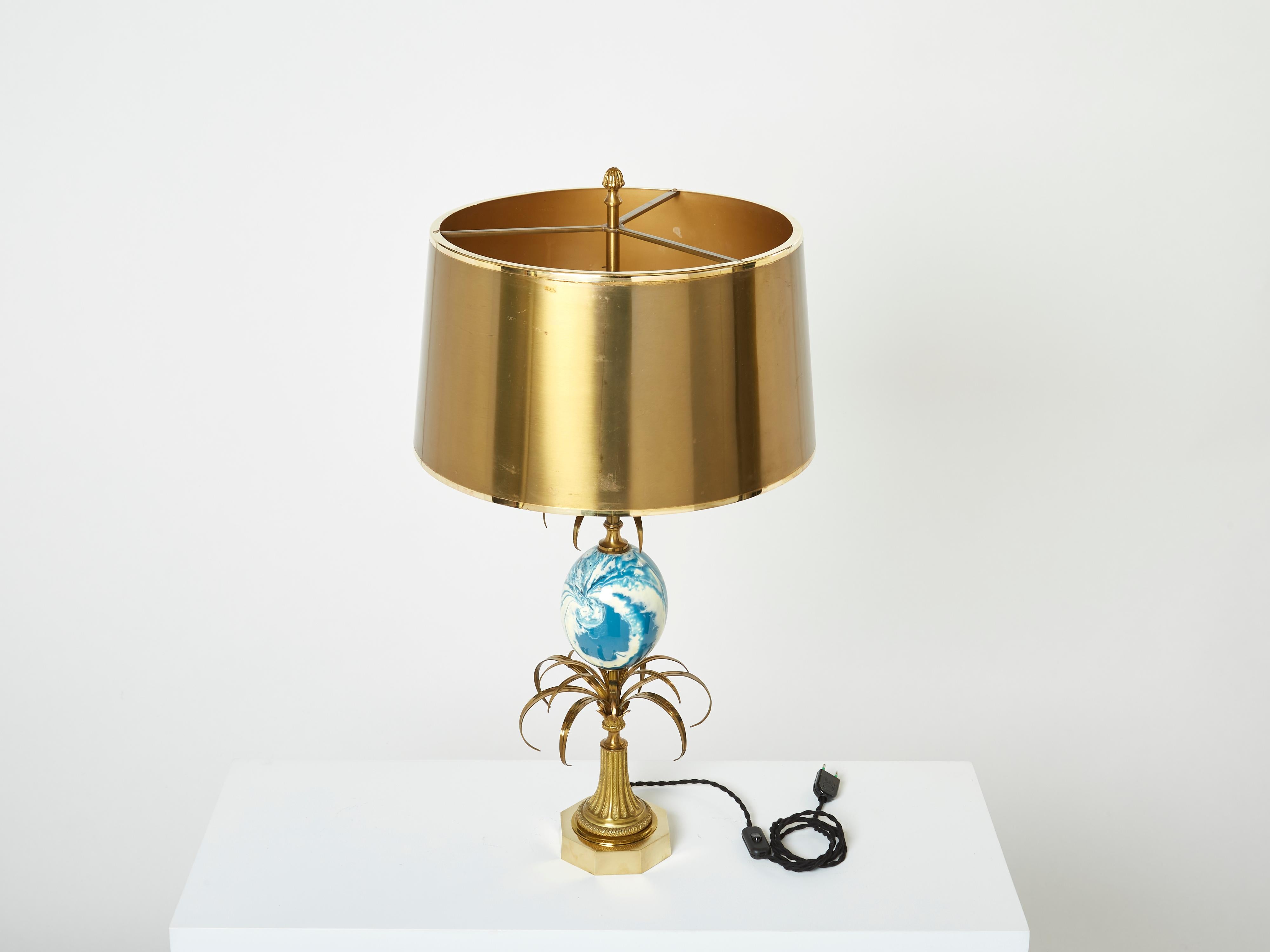Maison Charles Pair of Brass Lamps Blue Ostrich Egg Original Shades, 1960s 3