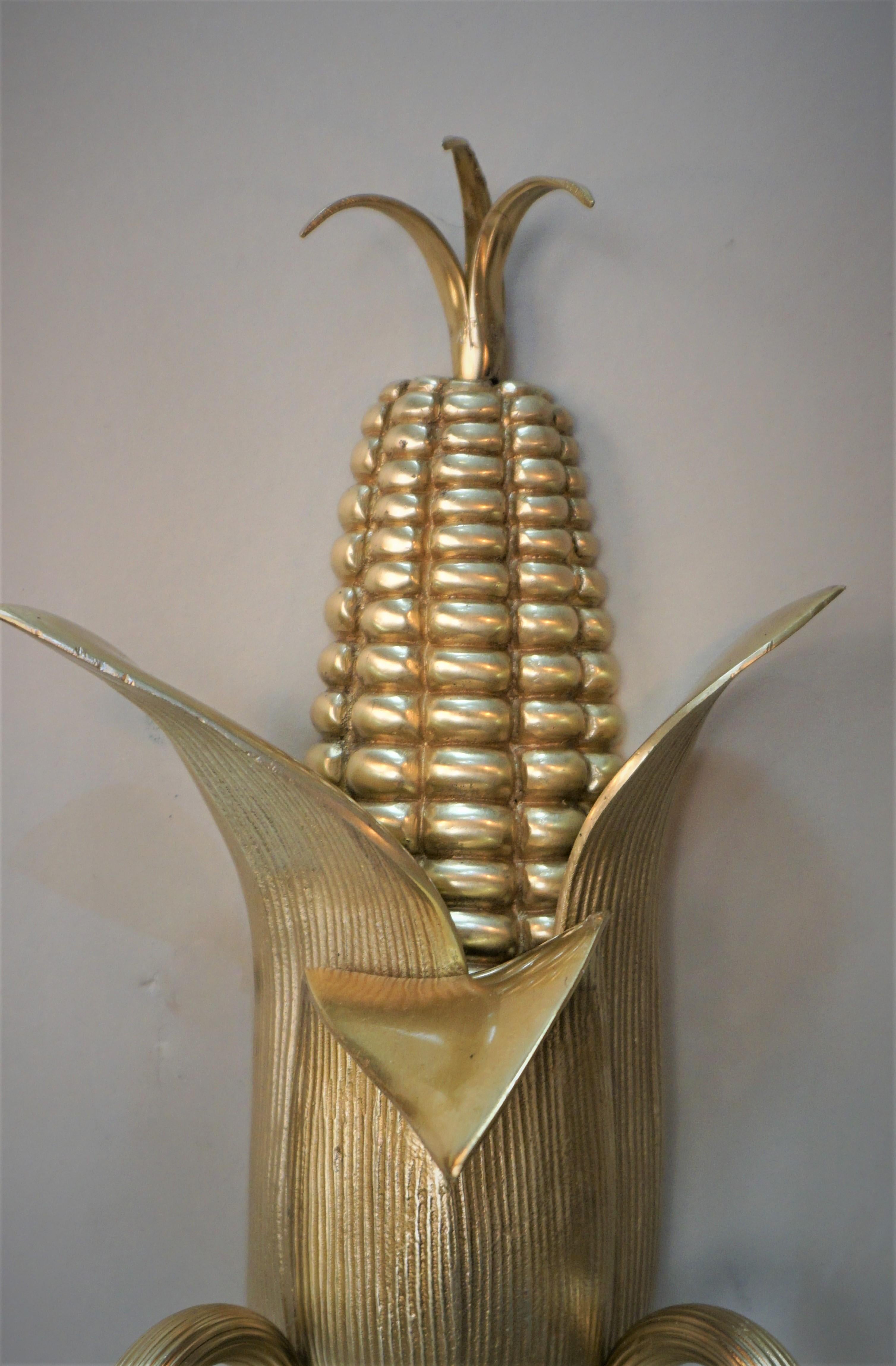 Maison Charles Pair of Bronze Corn Design Wall Sconces In Good Condition In Fairfax, VA