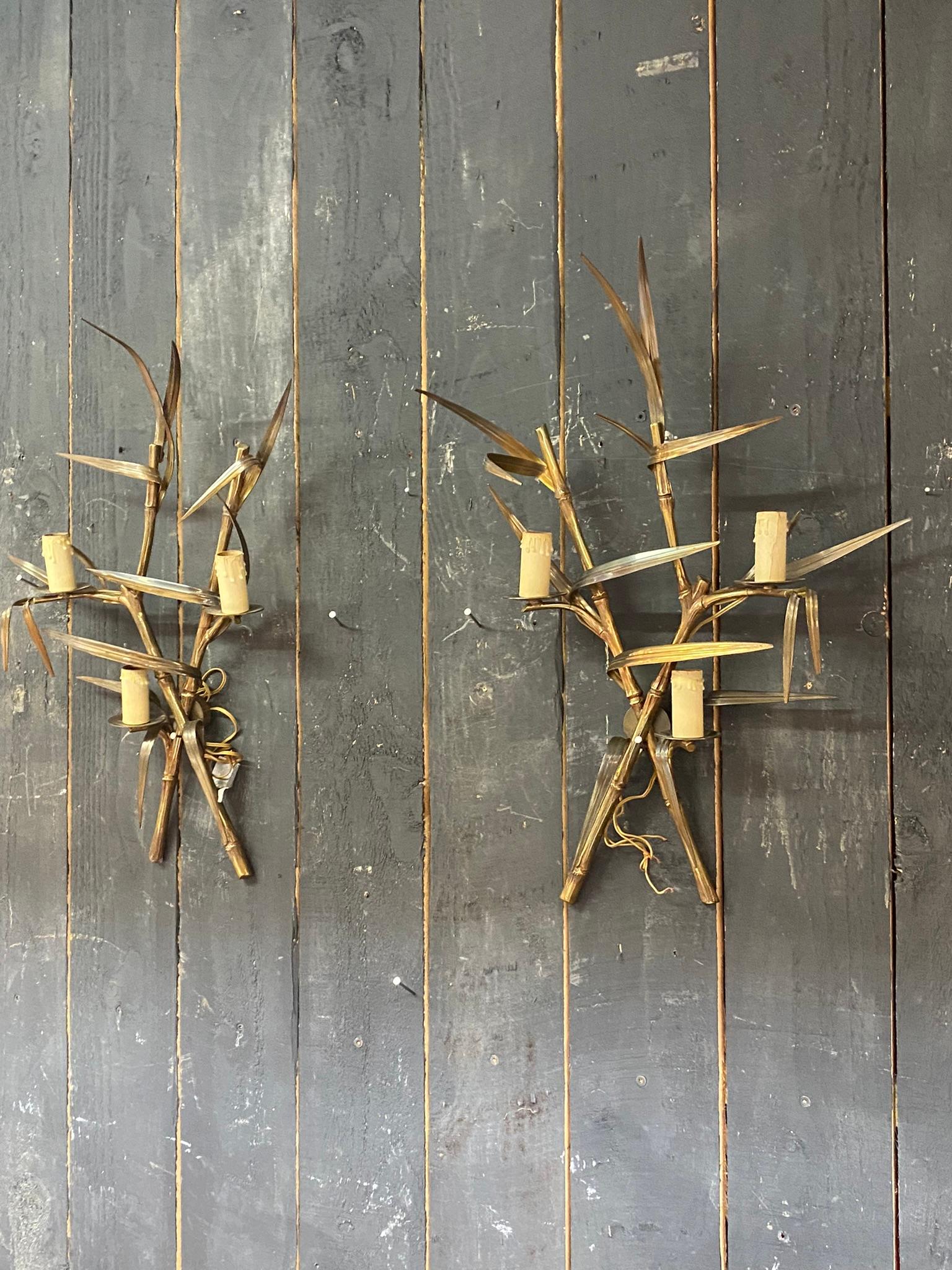 Mid-Century Modern Maison Charles Pair of Bronze Sconces in Imitation of Bamboo, circa 1960/1970 For Sale