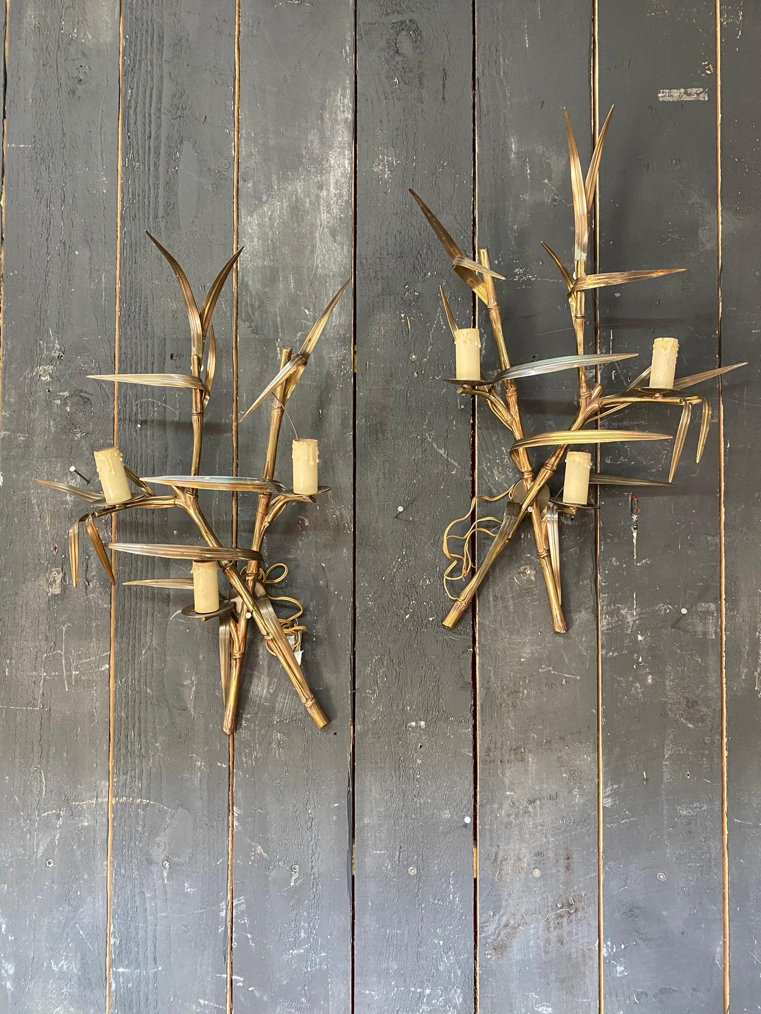 Mid-20th Century Maison Charles Pair of Bronze Sconces in Imitation of Bamboo, circa 1960/1970 For Sale